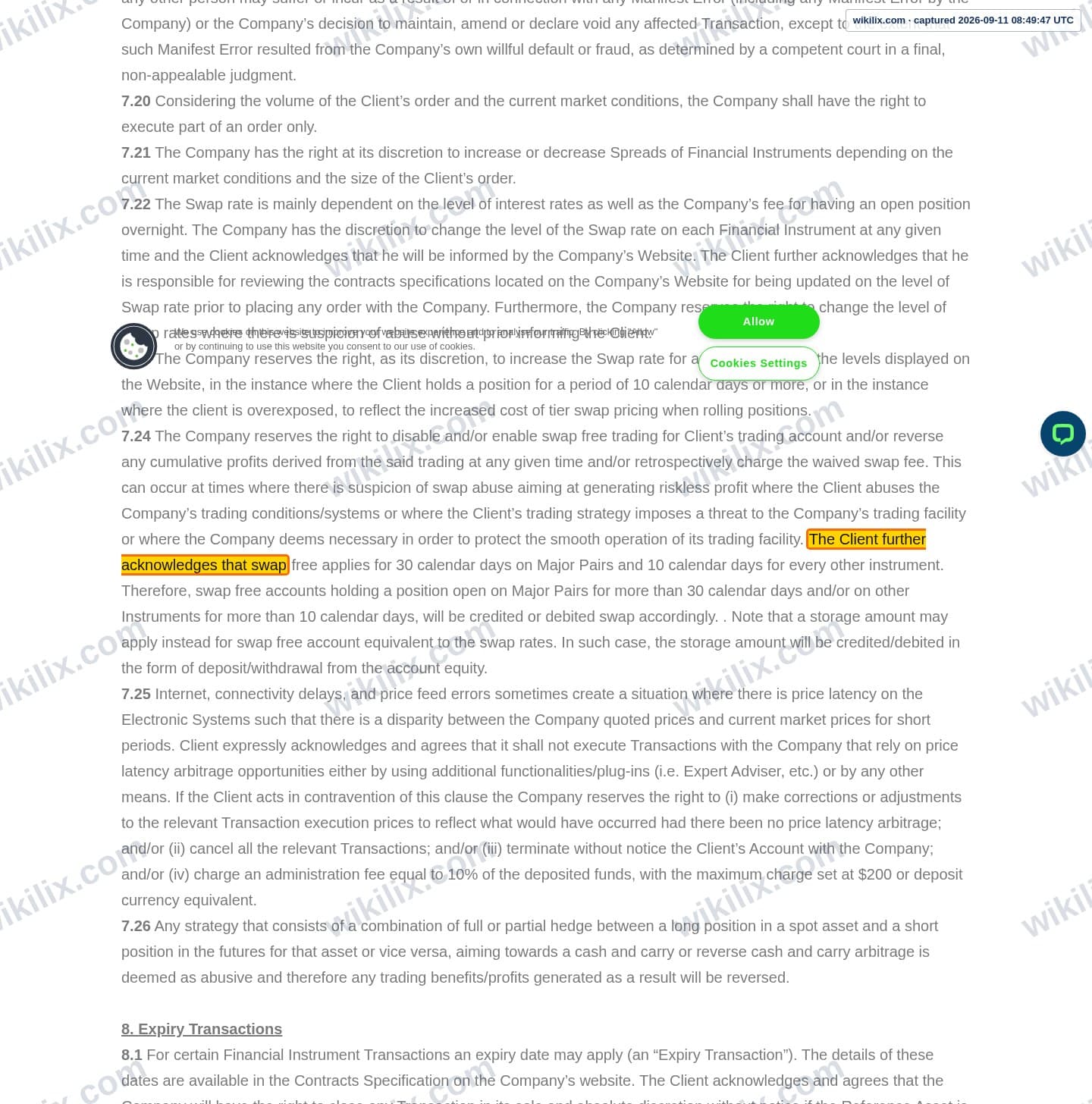 Our full page screenshot of the page this clause sits on, on t4trade's site t4trade.com, taken on Sep 11, 2026. The quoted words are marked in the image.