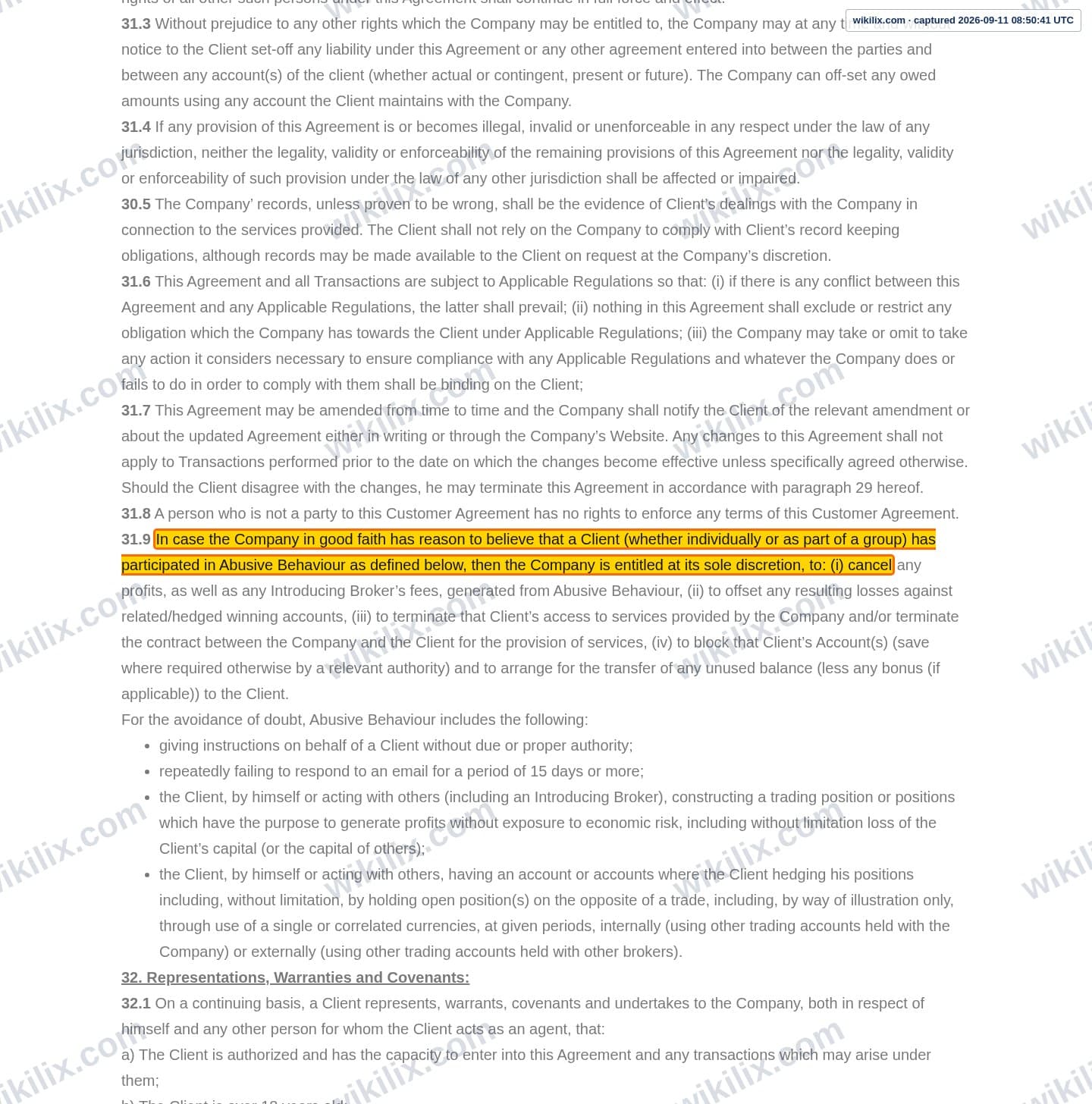 Our full page screenshot of the page this clause sits on, on t4trade's site t4trade.com, taken on Sep 11, 2026. The quoted words are marked in the image.