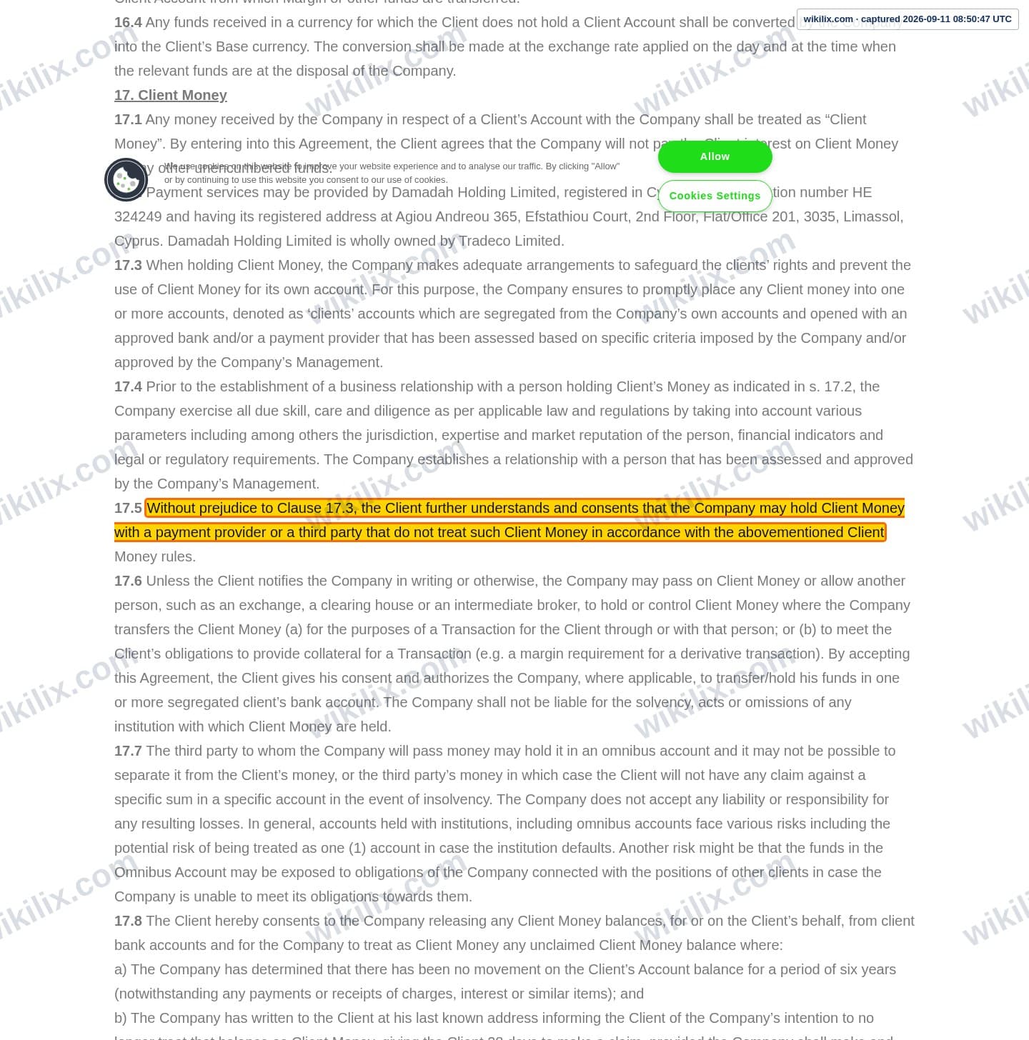 Our full page screenshot of the page this clause sits on, on t4trade's site t4trade.com, taken on Sep 11, 2026. The quoted words are marked in the image.