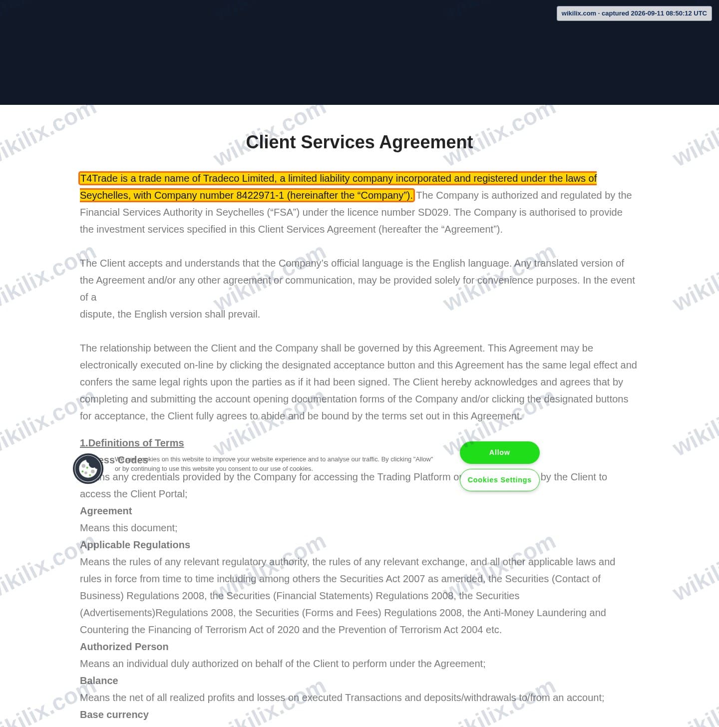 Our full page screenshot of the page that makes this promise, on t4trade's site t4trade.com, taken on Sep 11, 2026. The quoted words are marked in the image.
