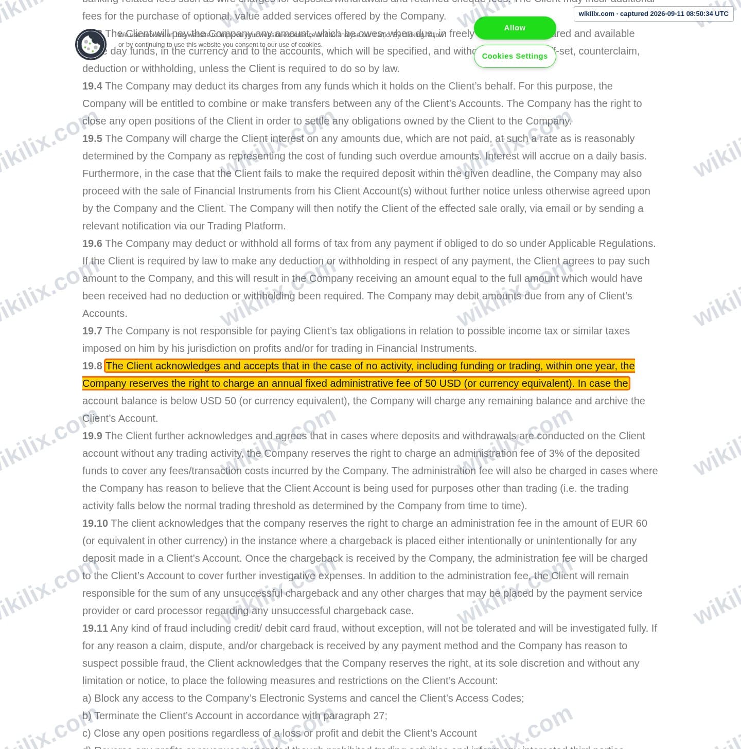 Our full page screenshot of the page this clause sits on, on t4trade's site t4trade.com, taken on Sep 11, 2026. The quoted words are marked in the image.