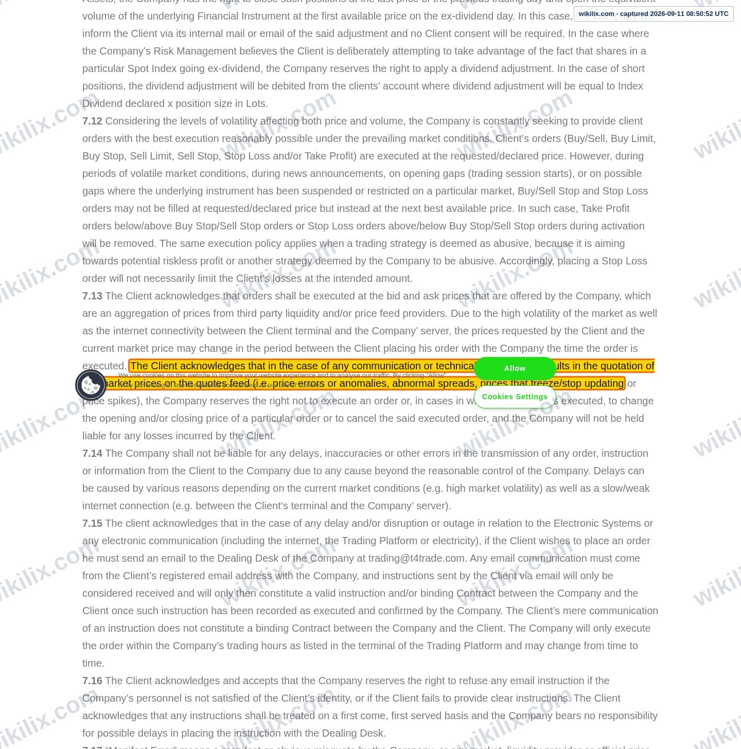 Our full page screenshot of the page this clause sits on, on t4trade's site t4trade.com, taken on Sep 11, 2026. The quoted words are marked in the image.