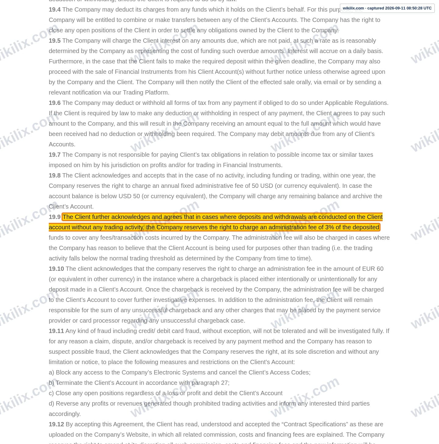 Our full page screenshot of the page this clause sits on, on t4trade's site t4trade.com, taken on Sep 11, 2026. The quoted words are marked in the image.