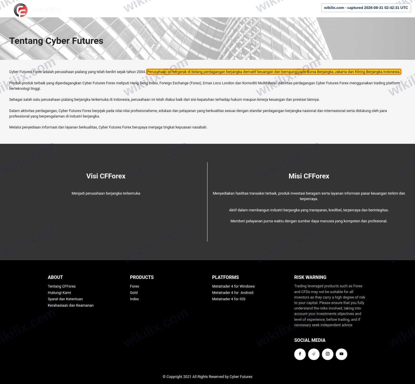 Our full page screenshot of the page that makes this promise, on CFForex's site cfforex.com, taken on Aug 31, 2026. The quoted words are marked in the image.