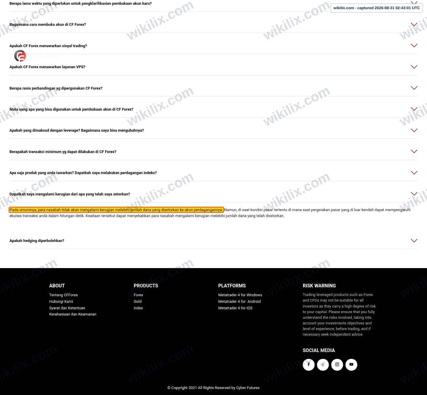 Our full page screenshot of the page this clause sits on, on CFForex's site cfforex.com, taken on Aug 31, 2026. The quoted words are marked in the image.