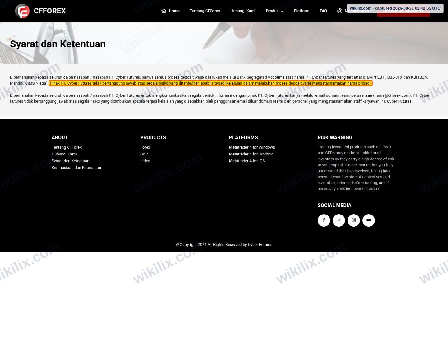 Our full page screenshot of the page this clause sits on, on CFForex's site cfforex.com, taken on Aug 31, 2026. The quoted words are marked in the image.