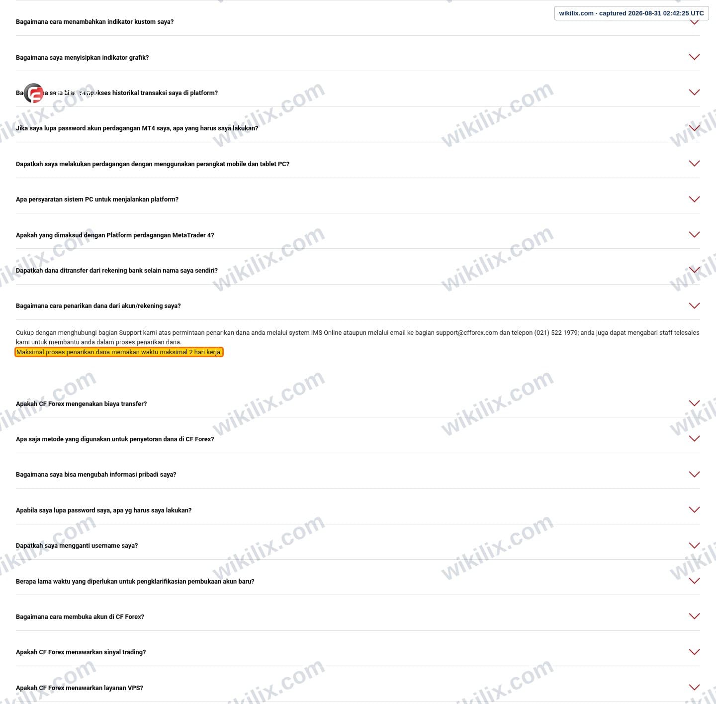 Our full page screenshot of the page this clause sits on, on CFForex's site cfforex.com, taken on Aug 31, 2026. The quoted words are marked in the image.