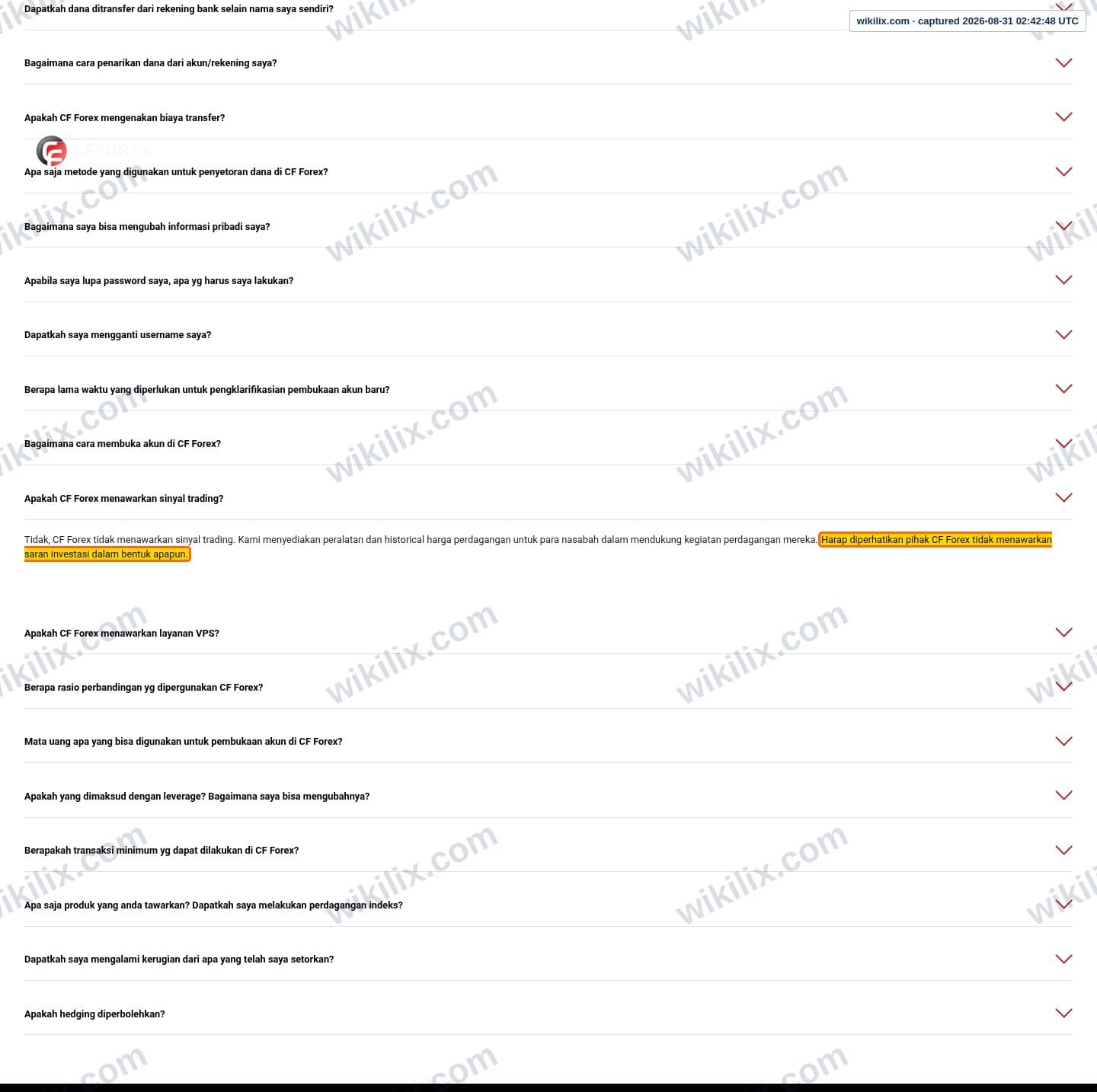 Our full page screenshot of the page this clause sits on, on CFForex's site cfforex.com, taken on Aug 31, 2026. The quoted words are marked in the image.