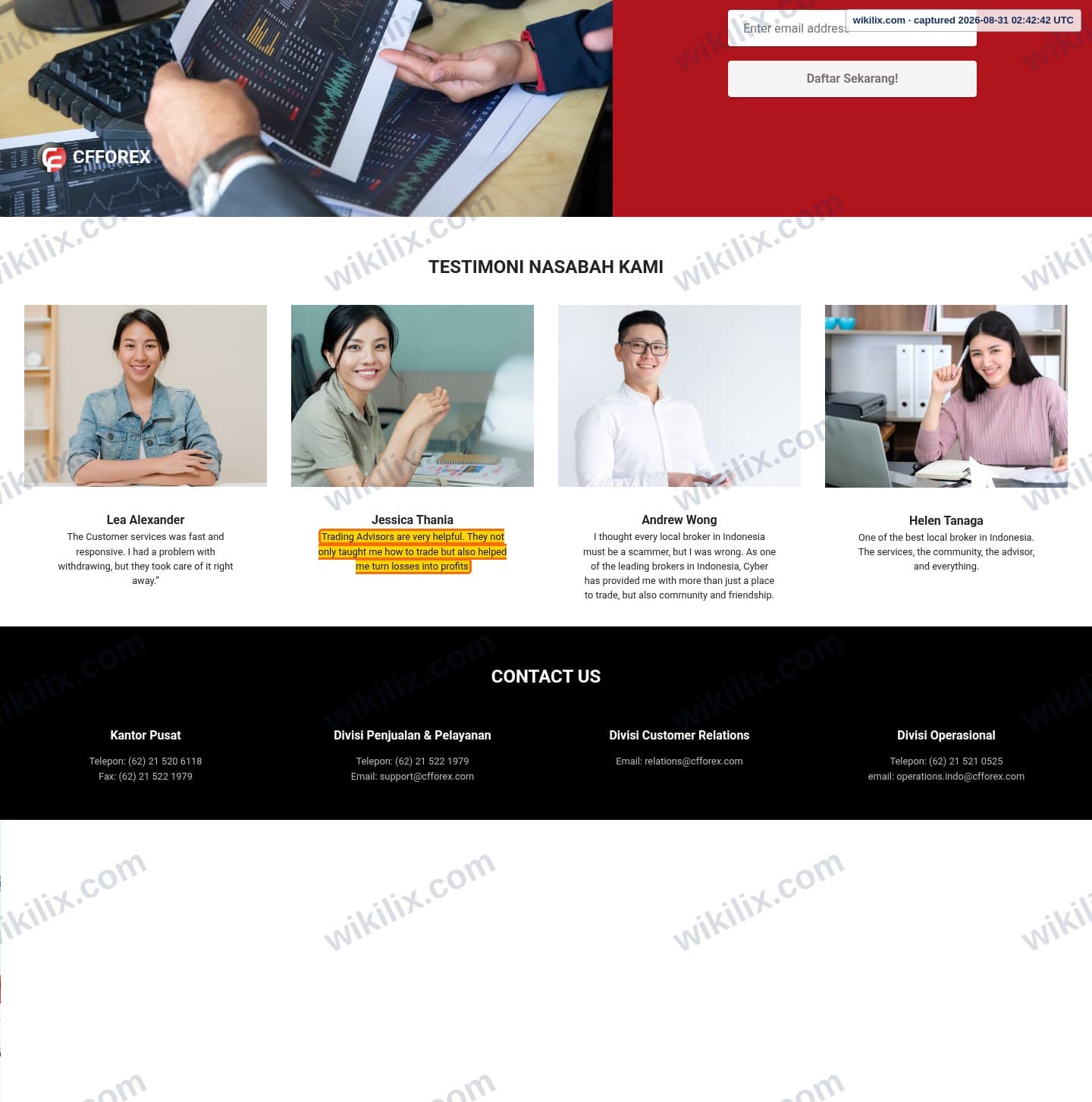 Our full page screenshot of the page that makes this promise, on CFForex's site cfforex.com, taken on Aug 31, 2026. The quoted words are marked in the image.