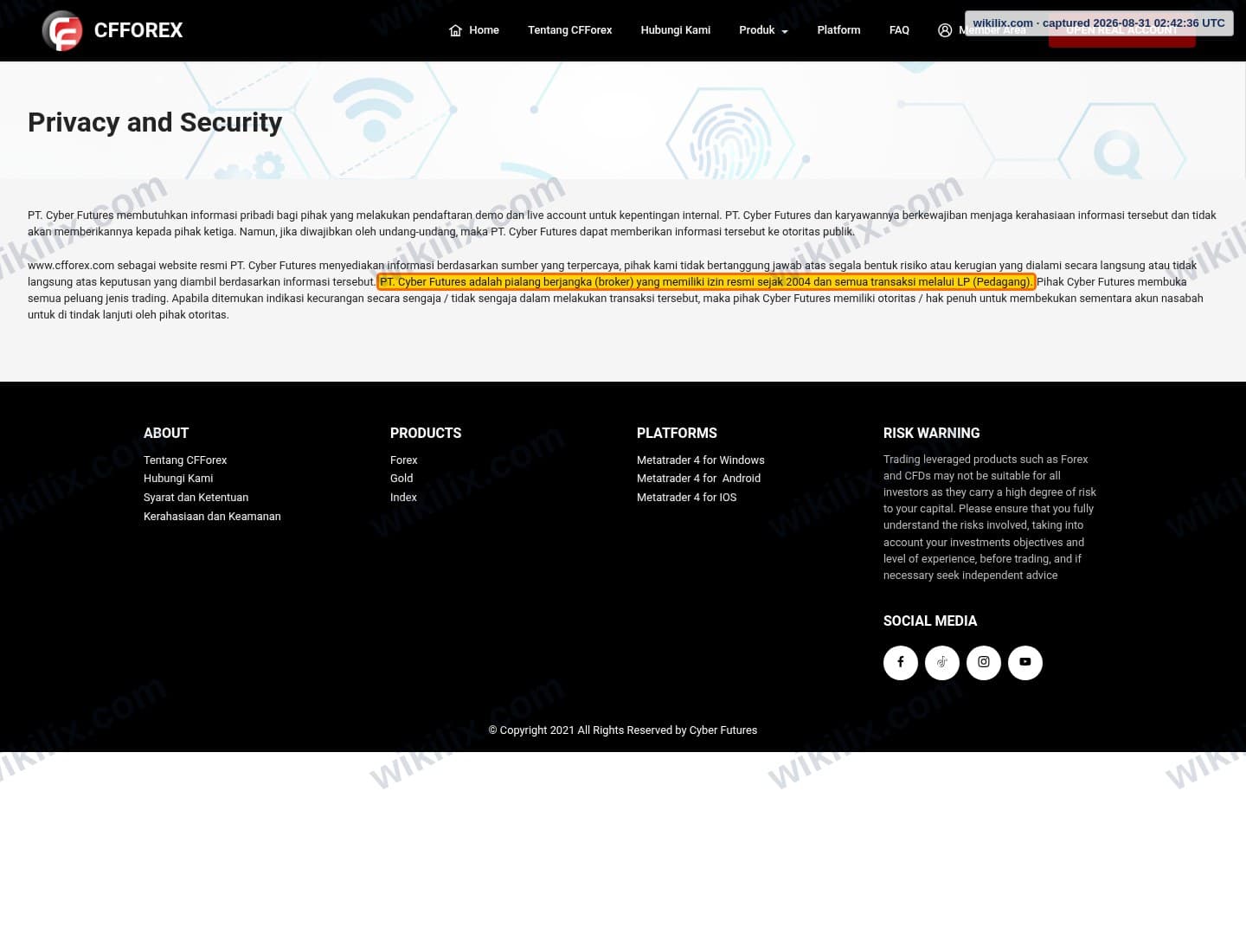 Our full page screenshot of the page this clause sits on, on CFForex's site cfforex.com, taken on Aug 31, 2026. The quoted words are marked in the image.