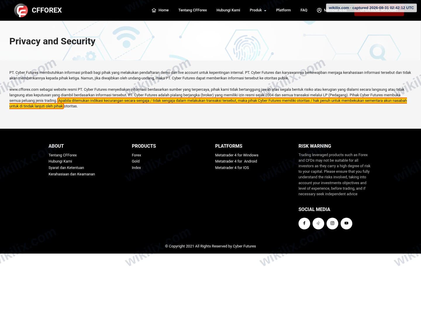 Our full page screenshot of the page this clause sits on, on CFForex's site cfforex.com, taken on Aug 31, 2026. The quoted words are marked in the image.