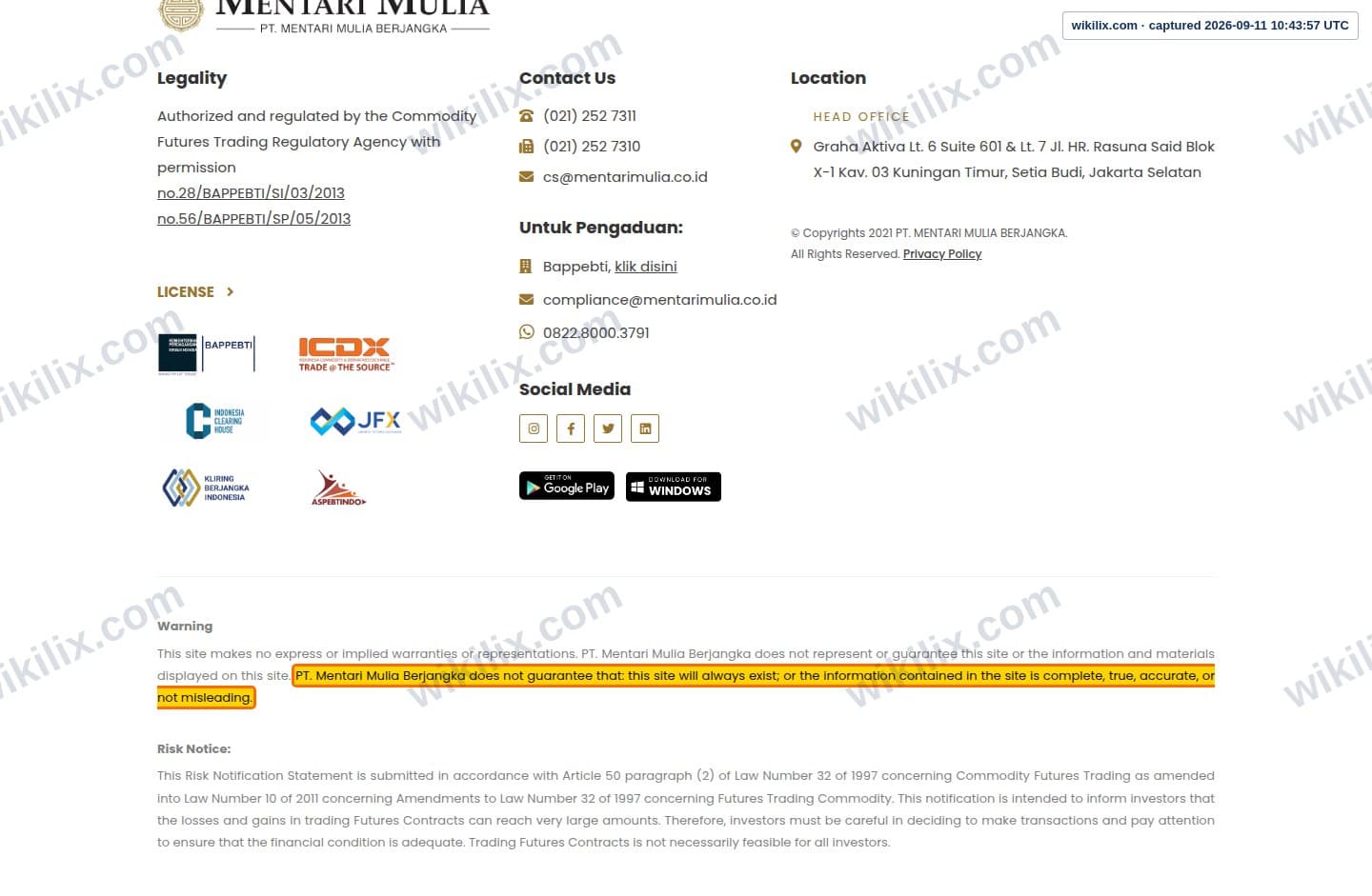 Our full page screenshot of the page this clause sits on, on Mentari Mulia's site mentarimulia.co.id, taken on Sep 11, 2026. The quoted words are marked in the image.