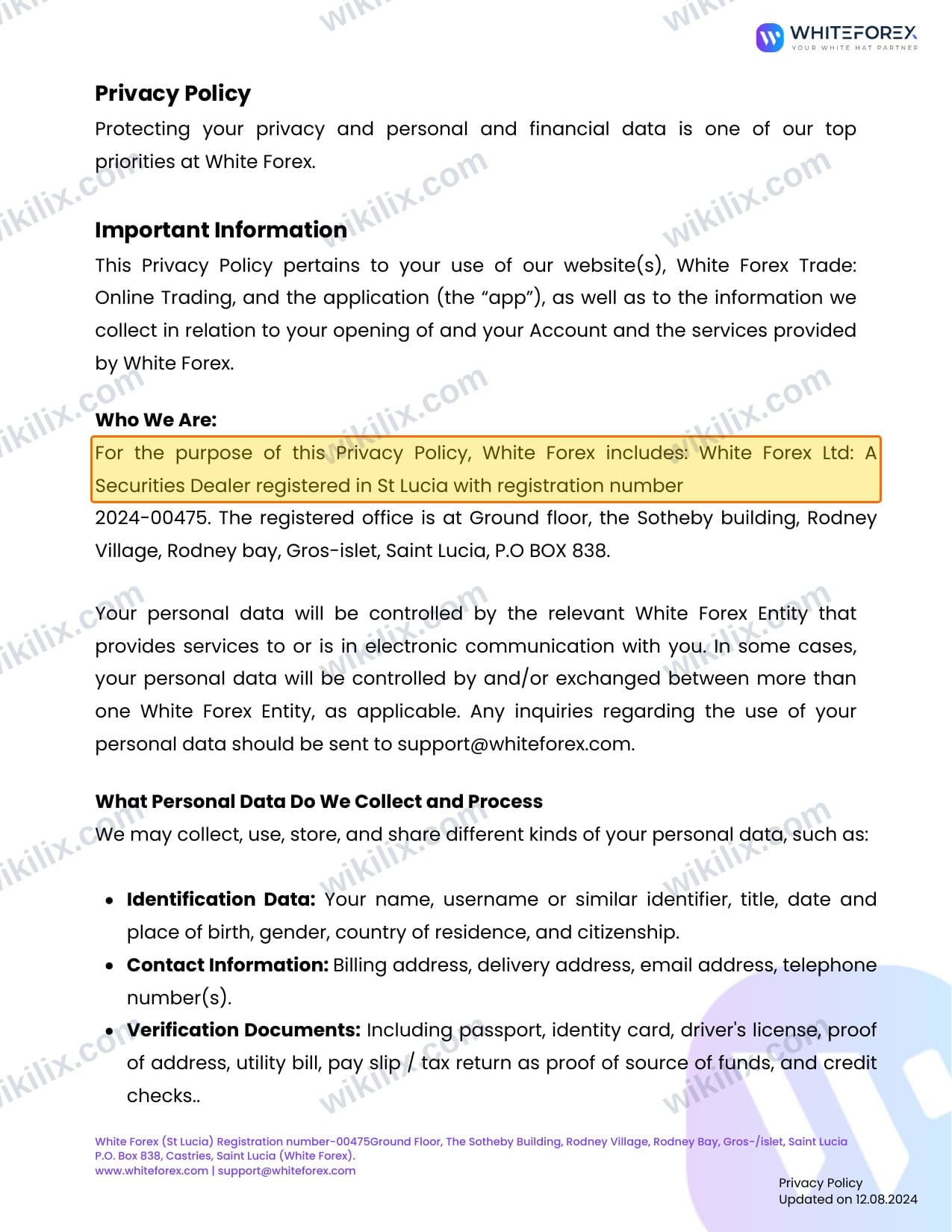 Our full page screenshot of the page this clause sits on, on WHITEFOREX's site whiteforex.com, taken on Sep 14, 2026. The quoted words are marked in the image.