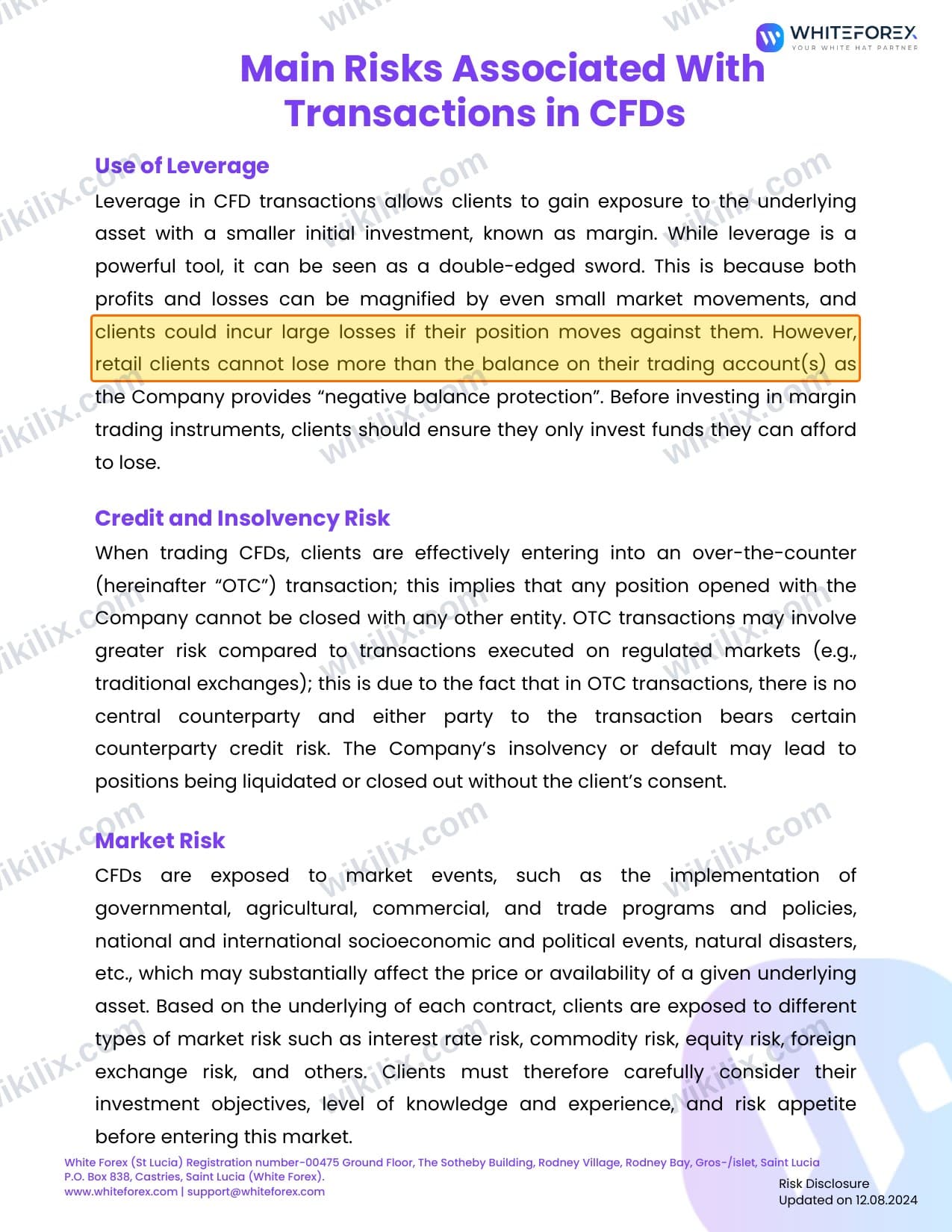 Our full page screenshot of the page this clause sits on, on WHITEFOREX's site whiteforex.com, taken on Sep 14, 2026. The quoted words are marked in the image.