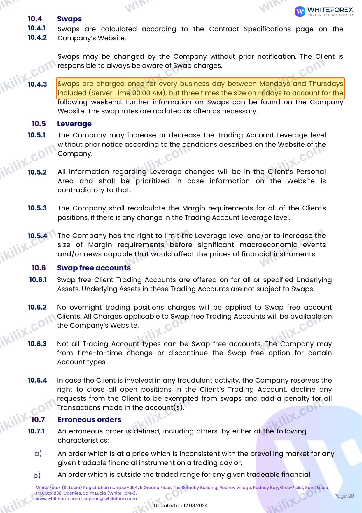 Our full page screenshot of the page this clause sits on, on WHITEFOREX's site web.archive.org, taken on Sep 14, 2026. The quoted words are marked in the image.