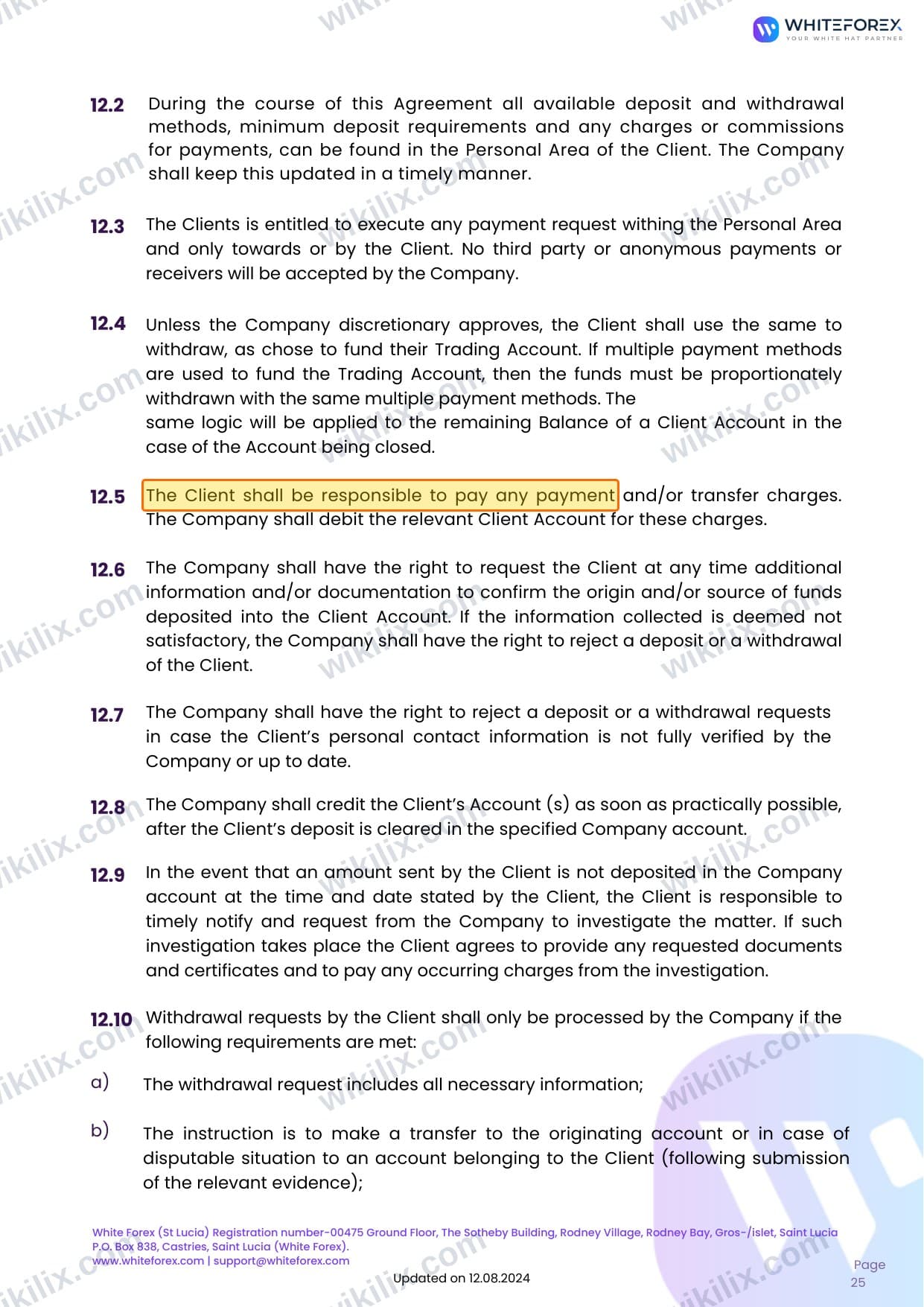 Our full page screenshot of the page this clause sits on, on WHITEFOREX's site whiteforex.com, taken on Sep 14, 2026. The quoted words are marked in the image.