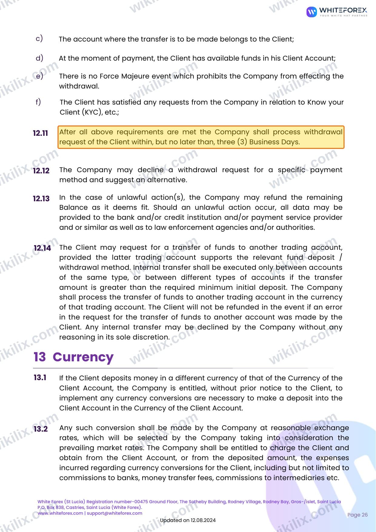 Our full page screenshot of the page this clause sits on, on WHITEFOREX's site whiteforex.com, taken on Sep 14, 2026. The quoted words are marked in the image.