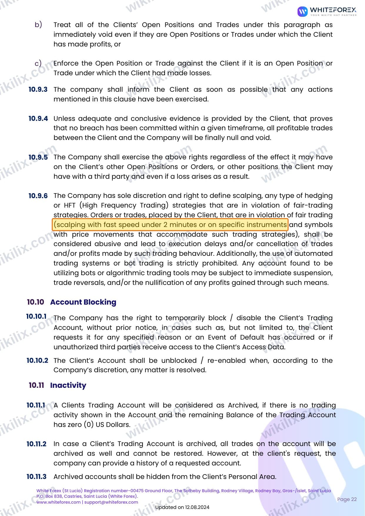 Our full page screenshot of the page this clause sits on, on WHITEFOREX's site whiteforex.com, taken on Sep 14, 2026. The quoted words are marked in the image.