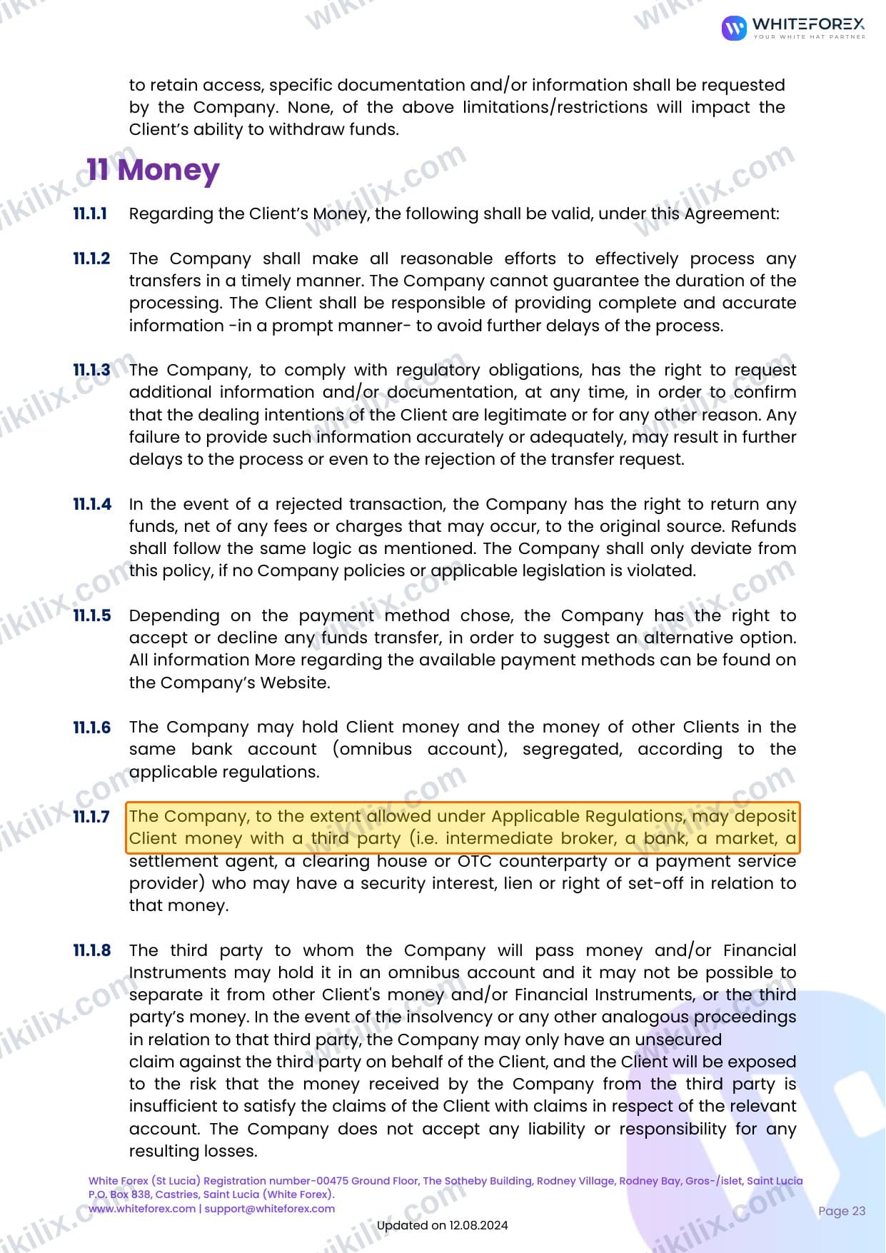 Our full page screenshot of the page this clause sits on, on WHITEFOREX's site web.archive.org, taken on Sep 14, 2026. The quoted words are marked in the image.