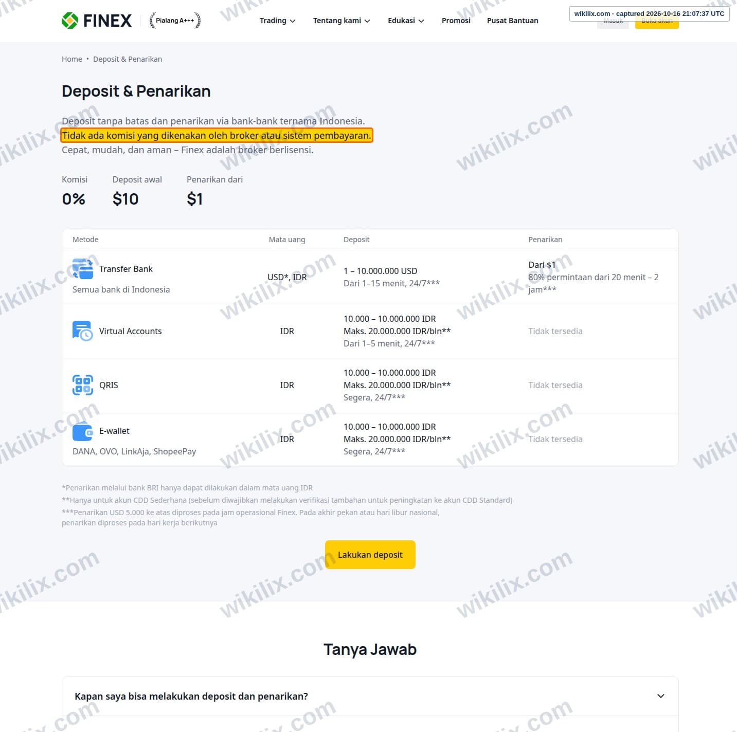 Our full page screenshot of the page that makes this promise, on Finex's site finex.co.id, taken on Oct 16, 2026. The quoted words are marked in the image.