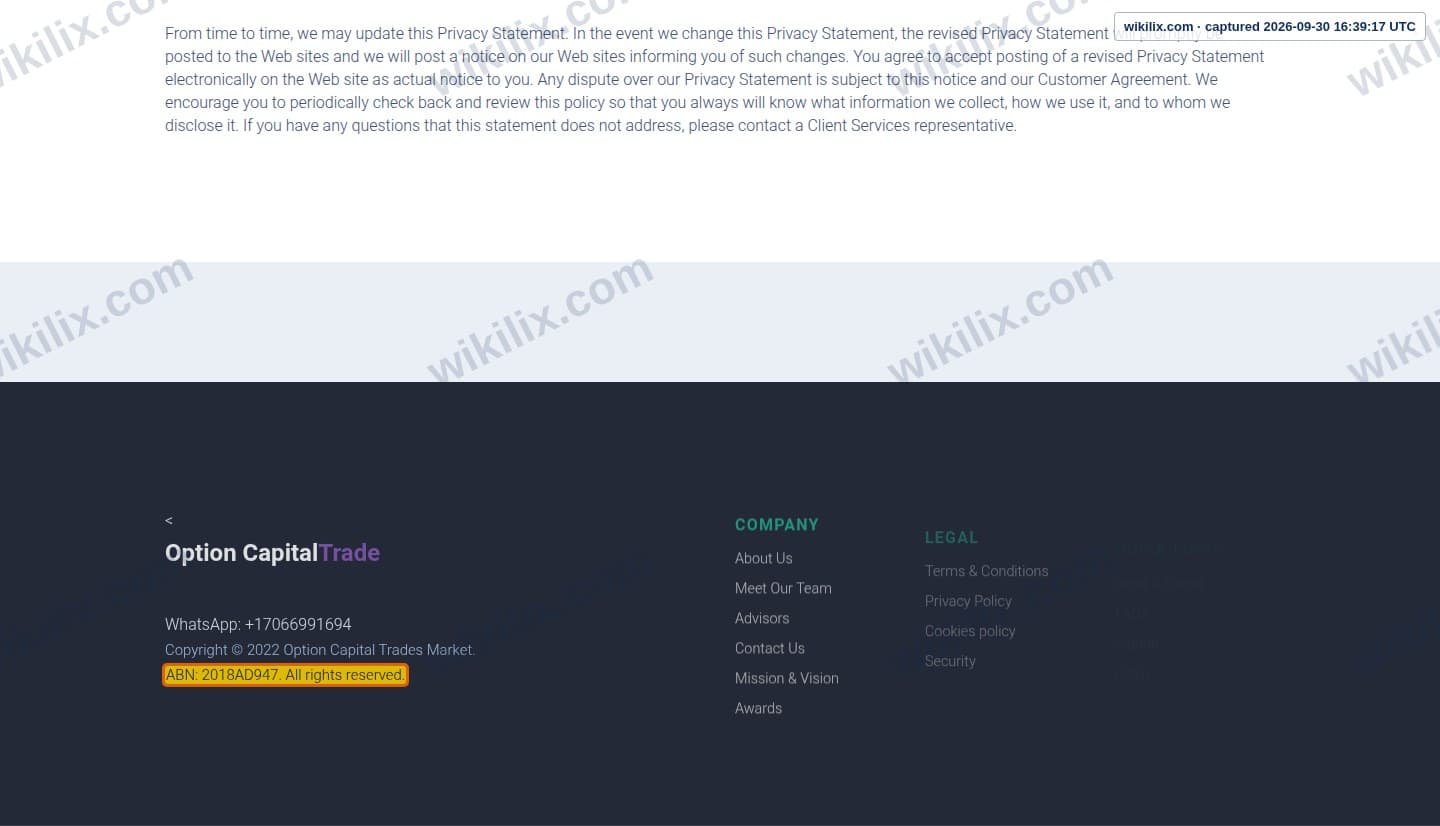 Our full page screenshot of the page this clause sits on, on Option Capital Trades's site web.archive.org, taken on Sep 30, 2026. The quoted words are marked in the image.