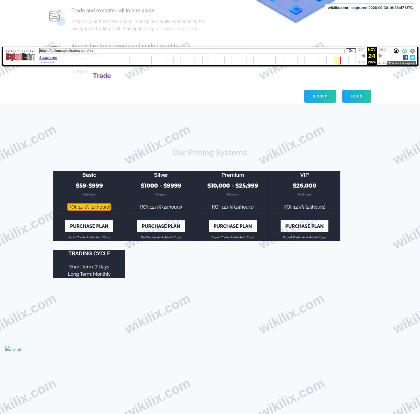 Our full page screenshot of the page that makes this promise, on Option Capital Trades's site web.archive.org, taken on Sep 30, 2026. The quoted words are marked in the image.