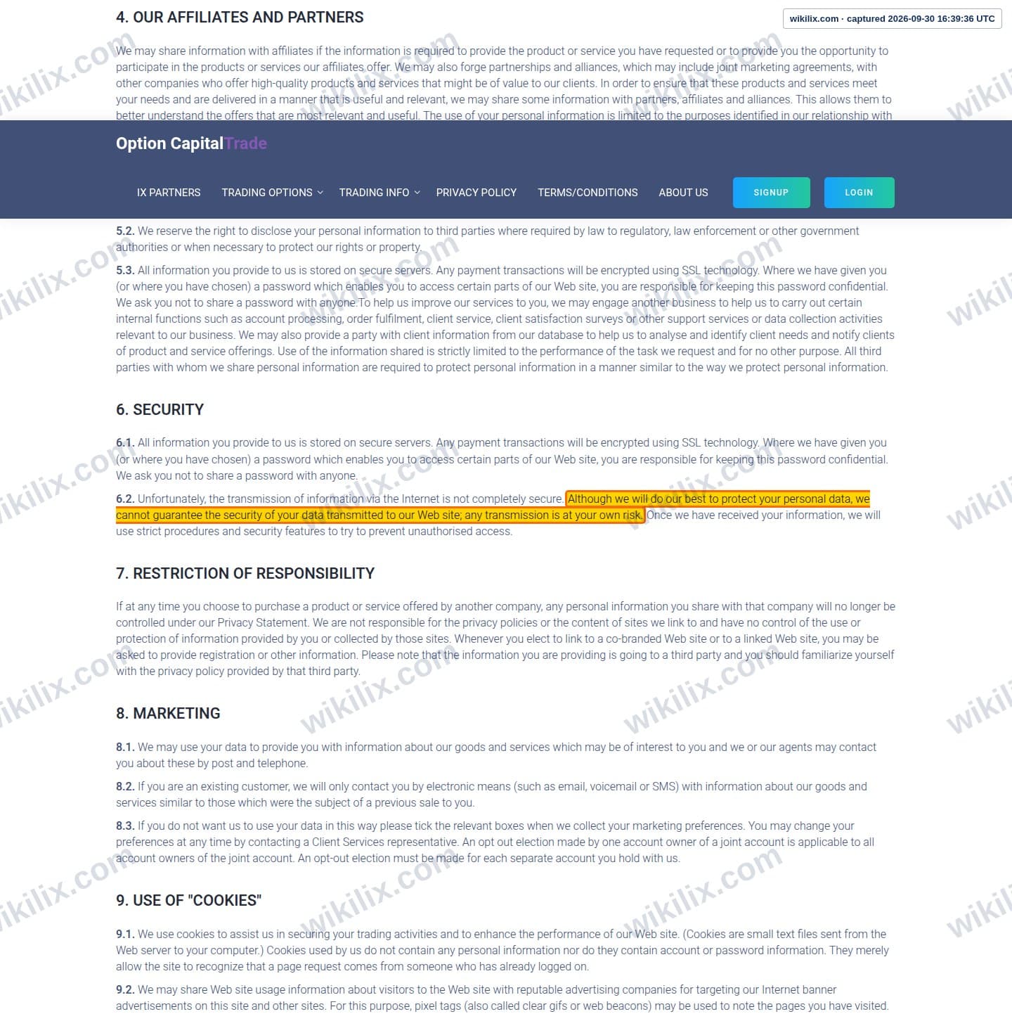 Our full page screenshot of the page this clause sits on, on Option Capital Trades's site web.archive.org, taken on Sep 30, 2026. The quoted words are marked in the image.