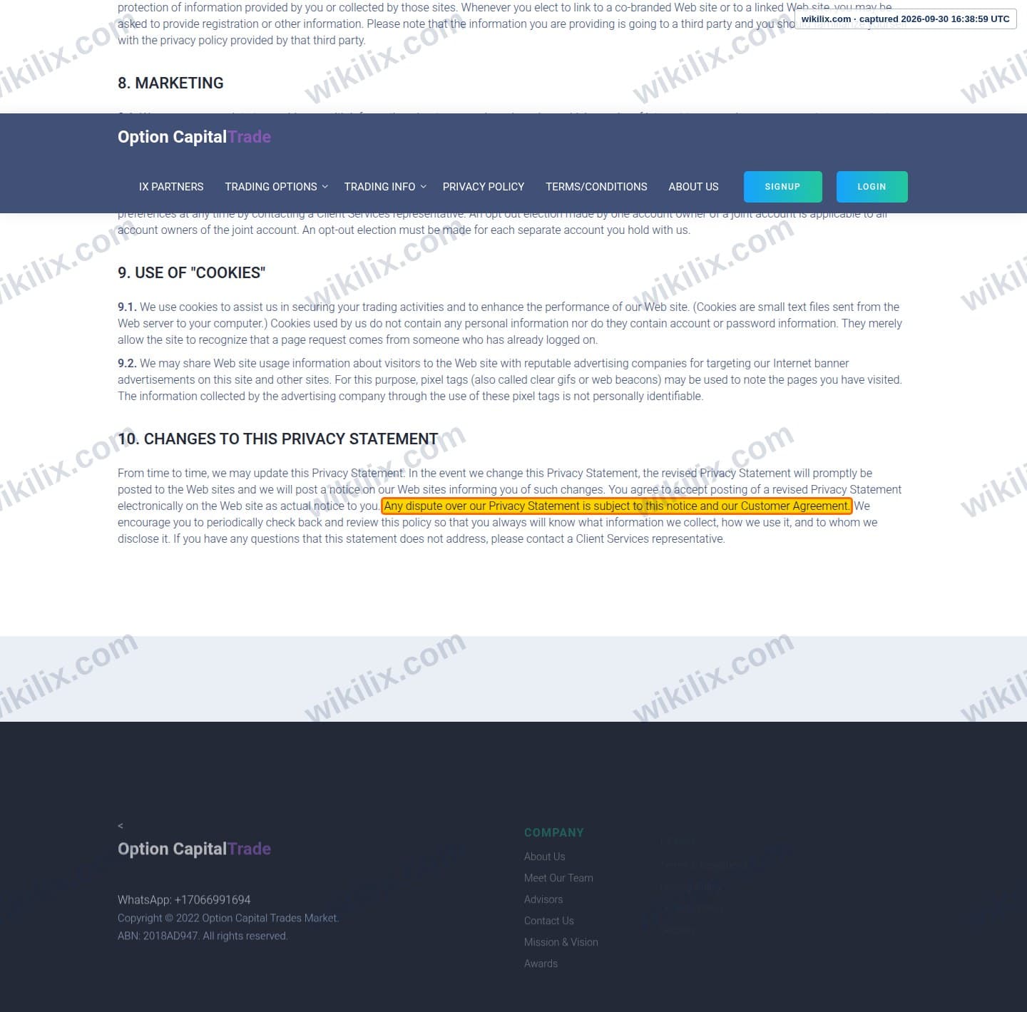 Our full page screenshot of the page this clause sits on, on Option Capital Trades's site web.archive.org, taken on Sep 30, 2026. The quoted words are marked in the image.