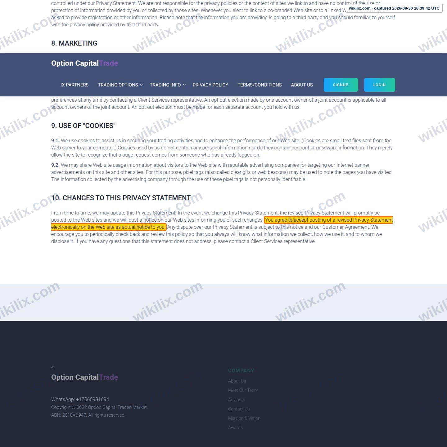 Our full page screenshot of the page this clause sits on, on Option Capital Trades's site web.archive.org, taken on Sep 30, 2026. The quoted words are marked in the image.