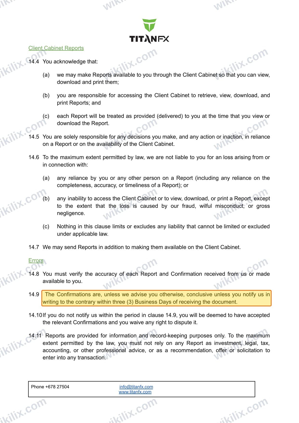 Our full page screenshot of the page this clause sits on, on Titan FX's site titanfx.com, taken on Sep 21, 2026. The quoted words are marked in the image.