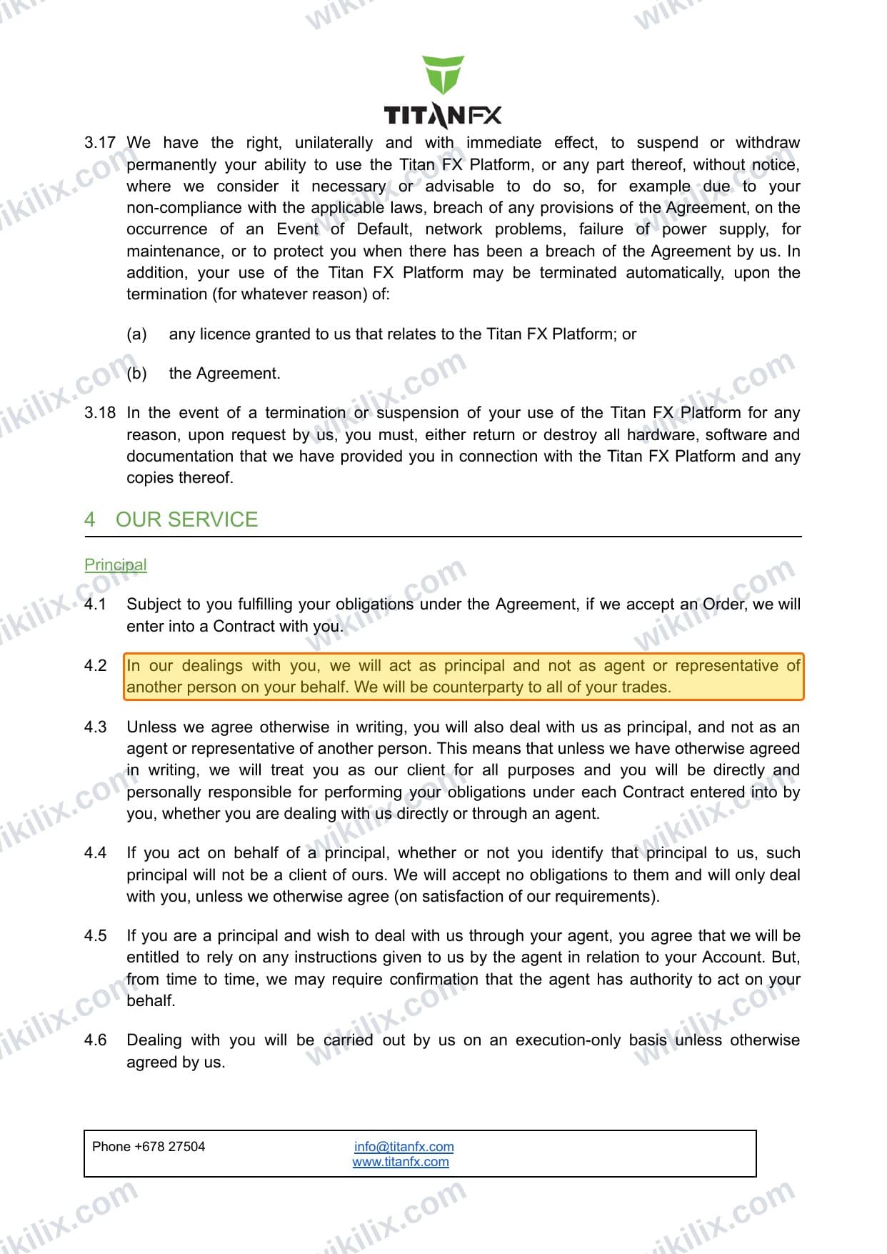 Our full page screenshot of the page this clause sits on, on Titan FX's site titanfx.com, taken on Sep 21, 2026. The quoted words are marked in the image.