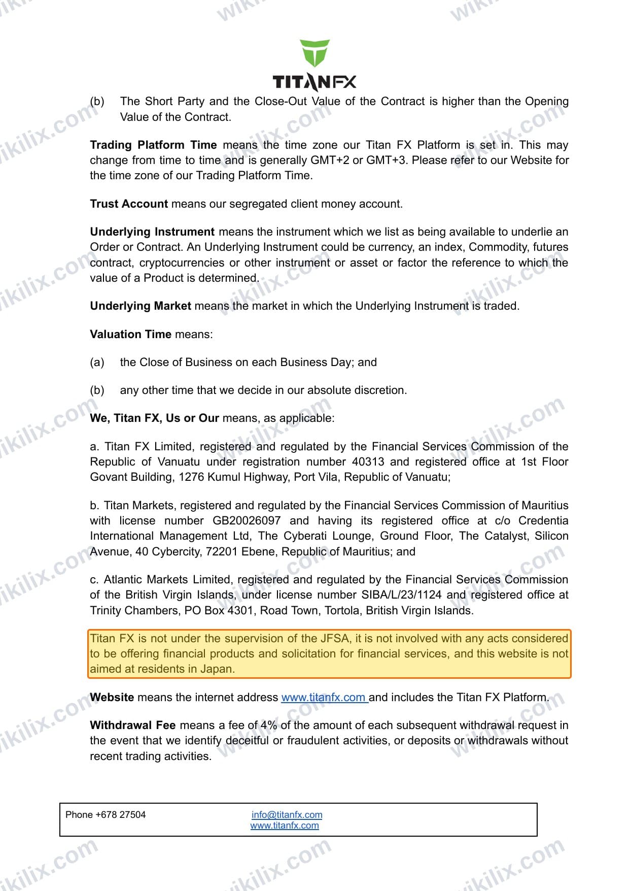 Our full page screenshot of the page this clause sits on, on Titan FX's site titanfx.com, taken on Sep 21, 2026. The quoted words are marked in the image.