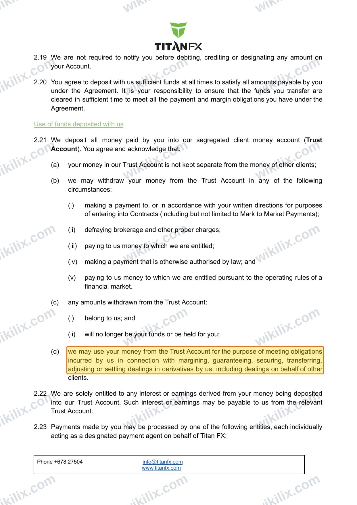 Our full page screenshot of the page this clause sits on, on Titan FX's site titanfx.com, taken on Sep 21, 2026. The quoted words are marked in the image.