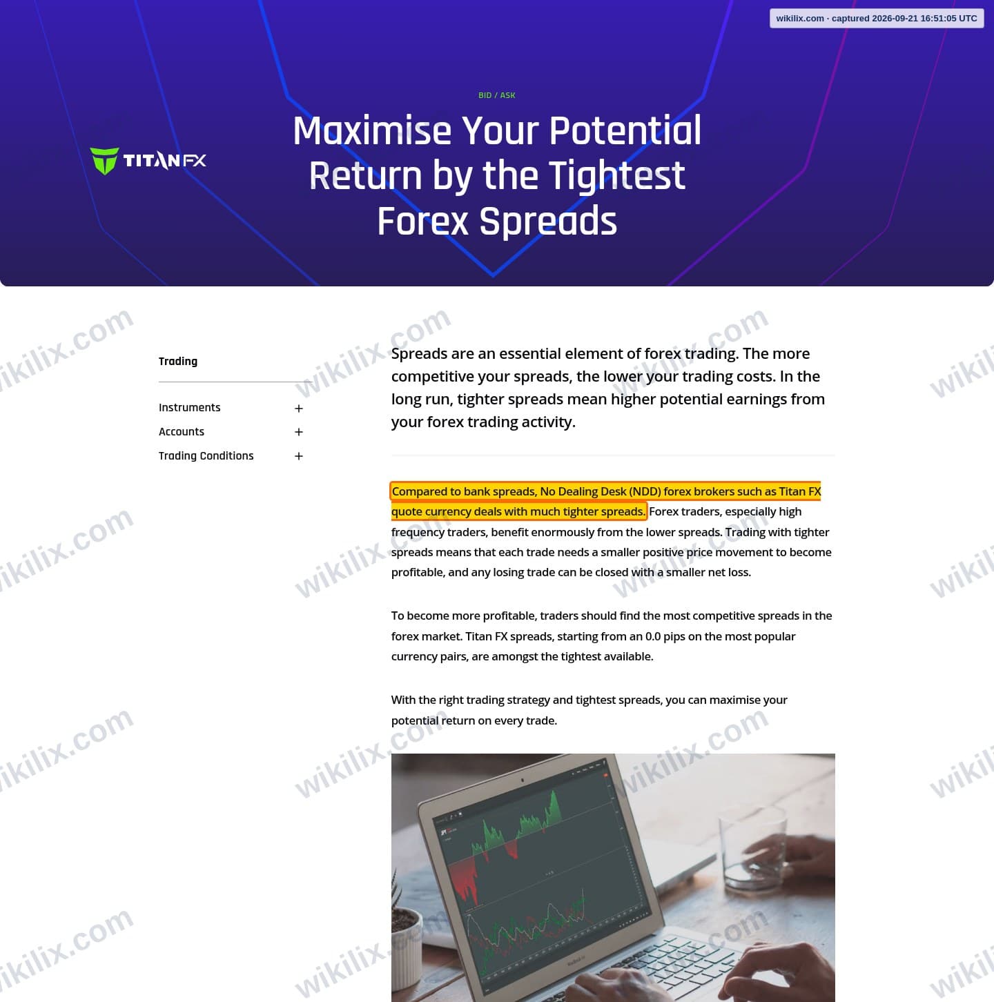 Our full page screenshot of the page that makes this promise, on Titan FX's site titanfx.com, taken on Sep 21, 2026. The quoted words are marked in the image.