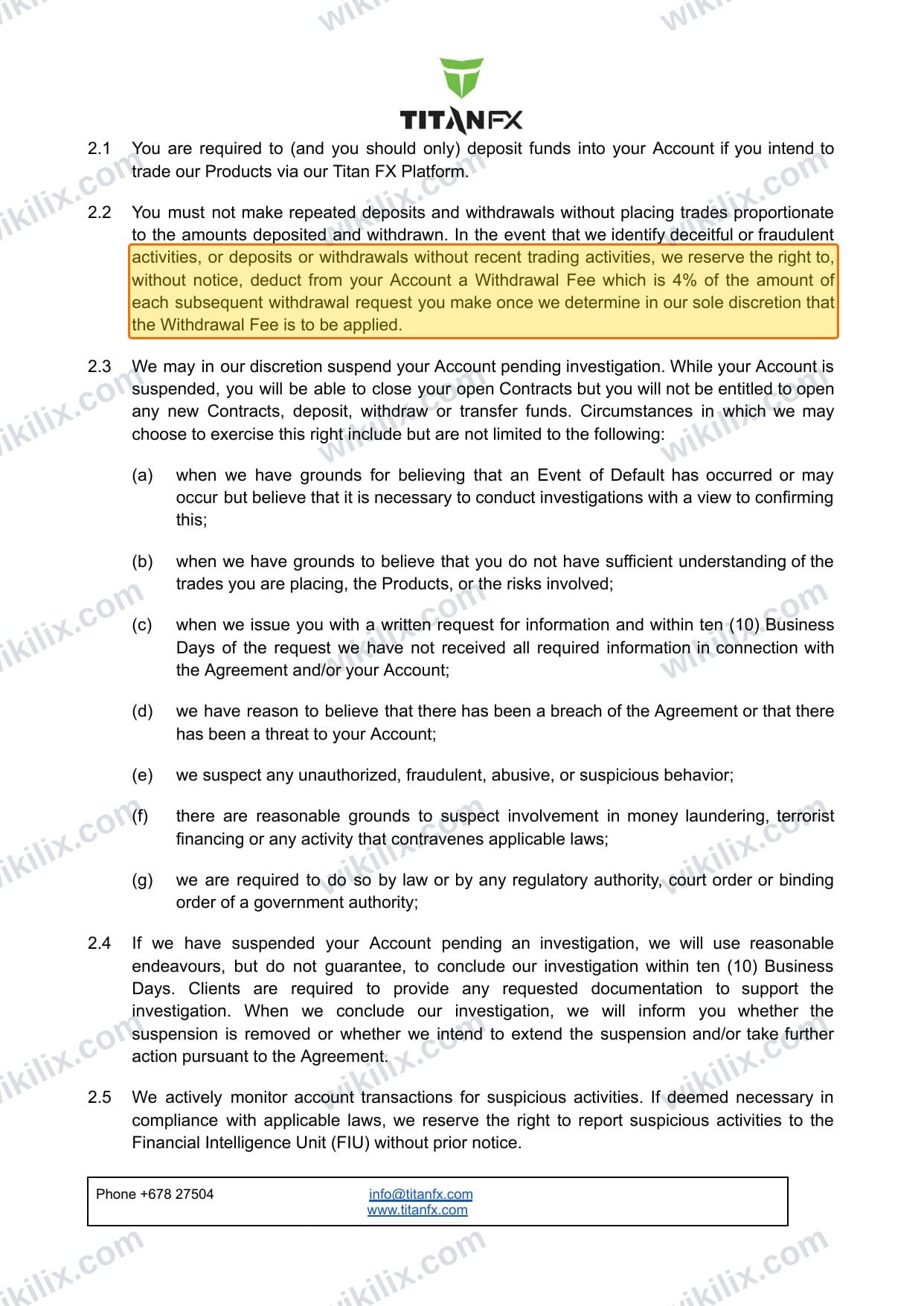 Our full page screenshot of the page this clause sits on, on Titan FX's site titanfx.com, taken on Sep 21, 2026. The quoted words are marked in the image.