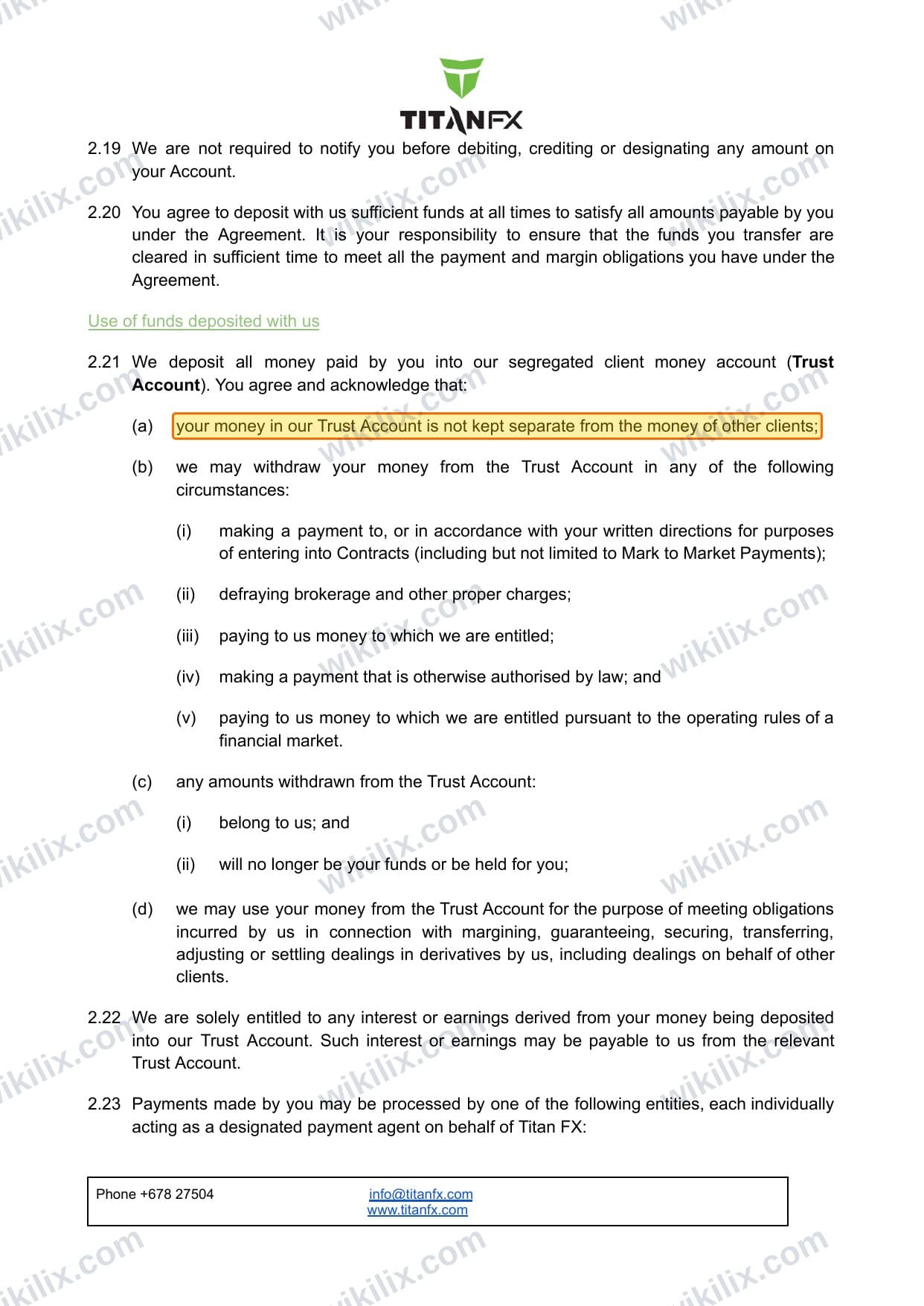 Our full page screenshot of the page this clause sits on, on Titan FX's site titanfx.com, taken on Sep 21, 2026. The quoted words are marked in the image.