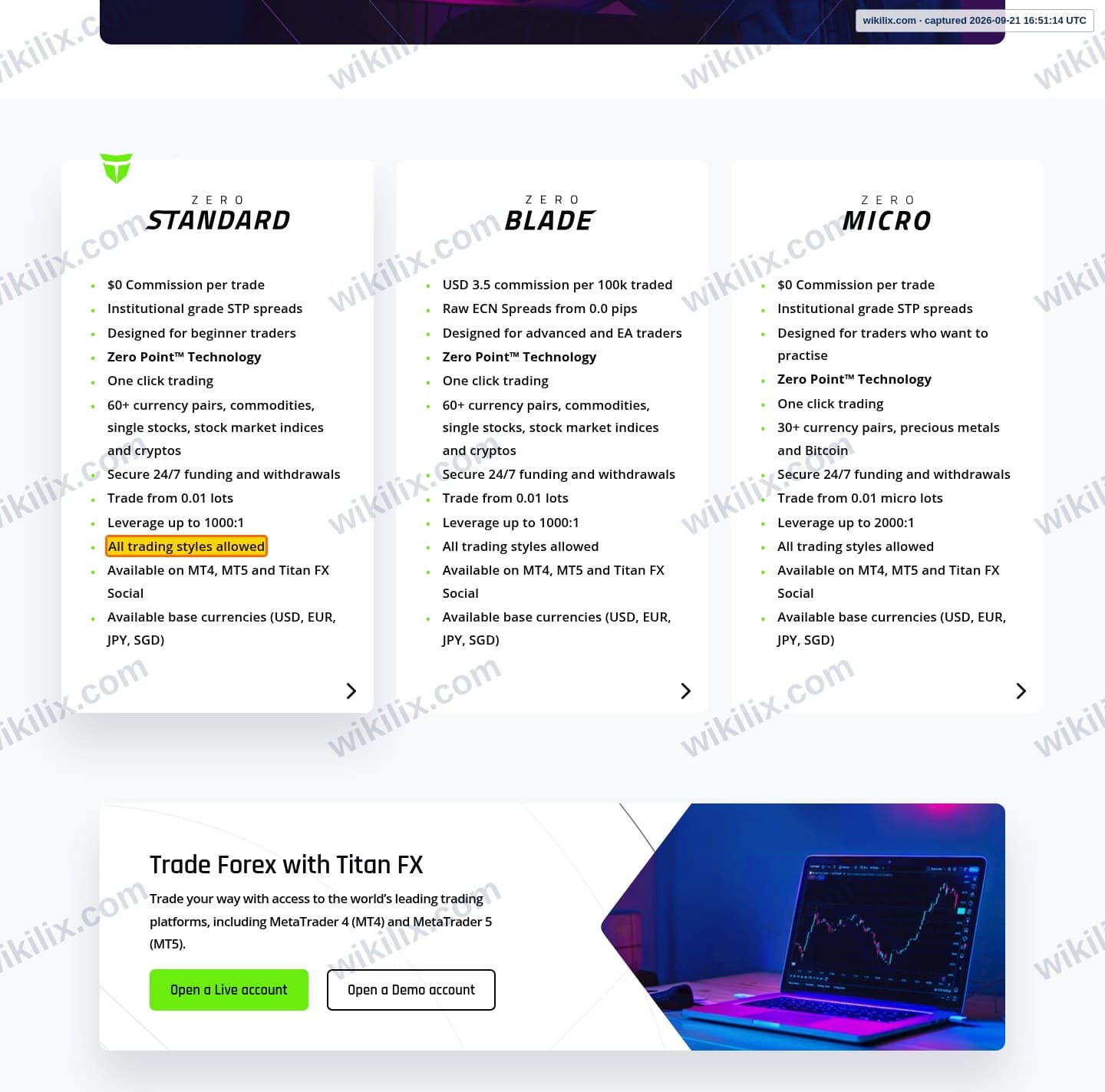 Our full page screenshot of the page that makes this promise, on Titan FX's site titanfx.com, taken on Sep 21, 2026. The quoted words are marked in the image.