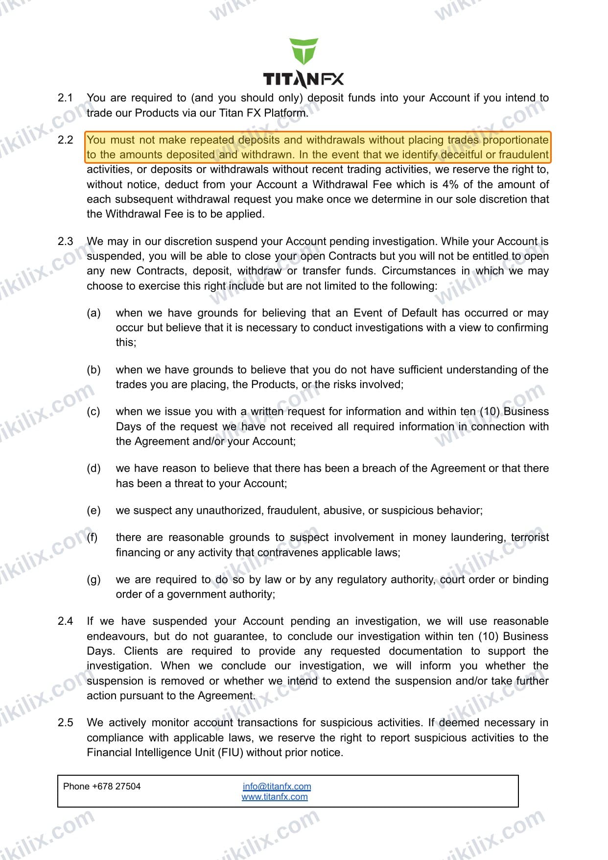 Our full page screenshot of the page this clause sits on, on Titan FX's site titanfx.com, taken on Sep 21, 2026. The quoted words are marked in the image.