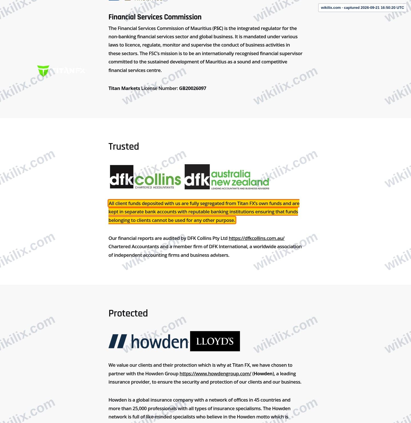 Our full page screenshot of the page that makes this promise, on Titan FX's site titanfx.com, taken on Sep 21, 2026. The quoted words are marked in the image.