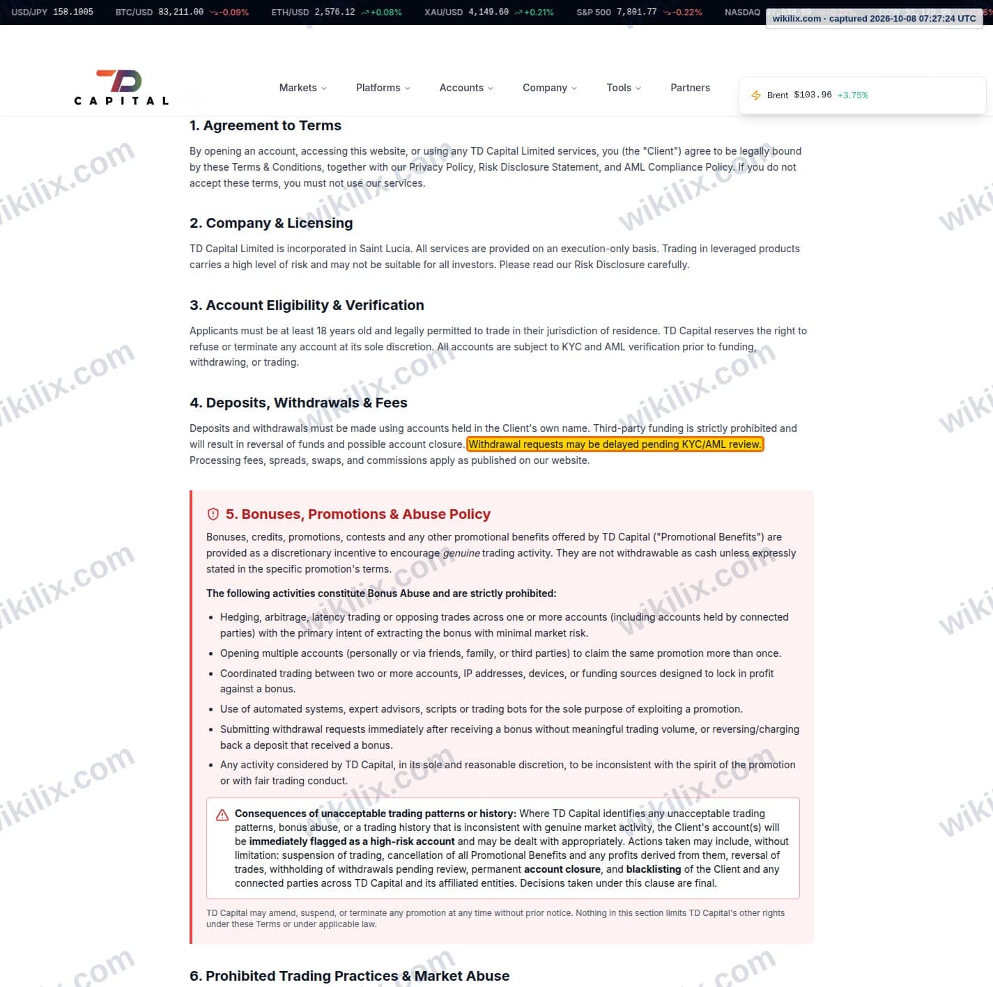 Our full page screenshot of the page this clause sits on, on TDFX's site tdfxcapital.com, taken on Oct 8, 2026. The quoted words are marked in the image.