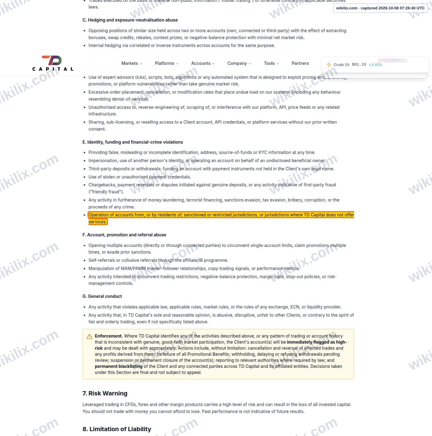 Our full page screenshot of the page this clause sits on, on TDFX's site tdfxcapital.com, taken on Oct 8, 2026. The quoted words are marked in the image.