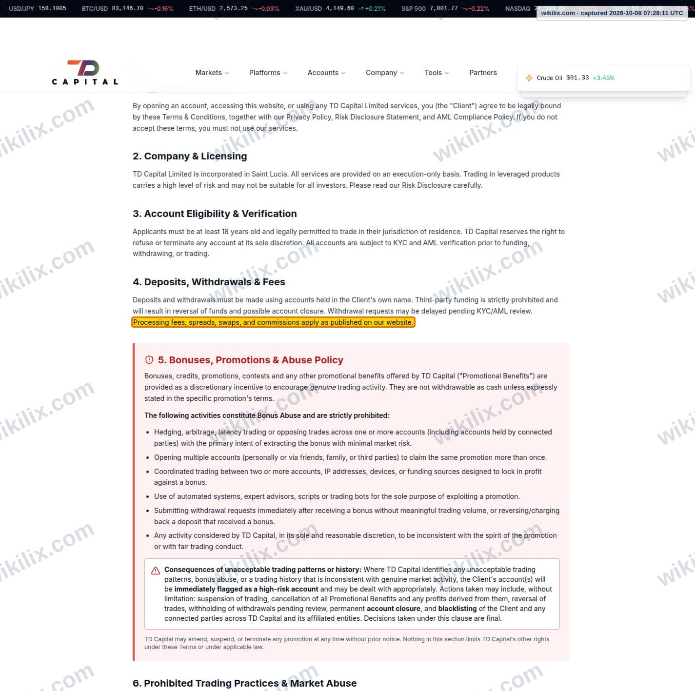 Our full page screenshot of the page this clause sits on, on TDFX's site tdfxcapital.com, taken on Oct 8, 2026. The quoted words are marked in the image.