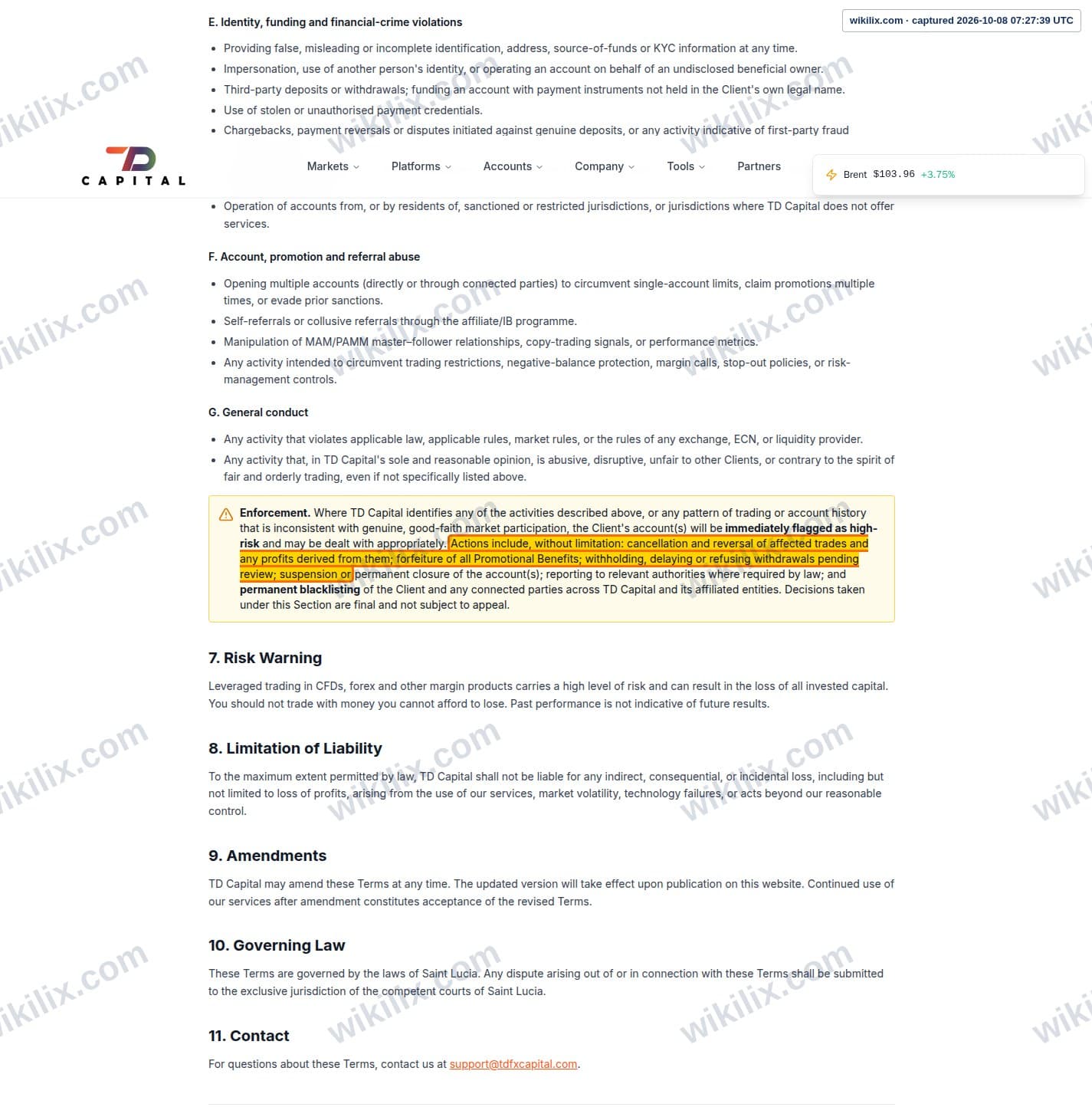 Our full page screenshot of the page this clause sits on, on TDFX's site tdfxcapital.com, taken on Oct 8, 2026. The quoted words are marked in the image.