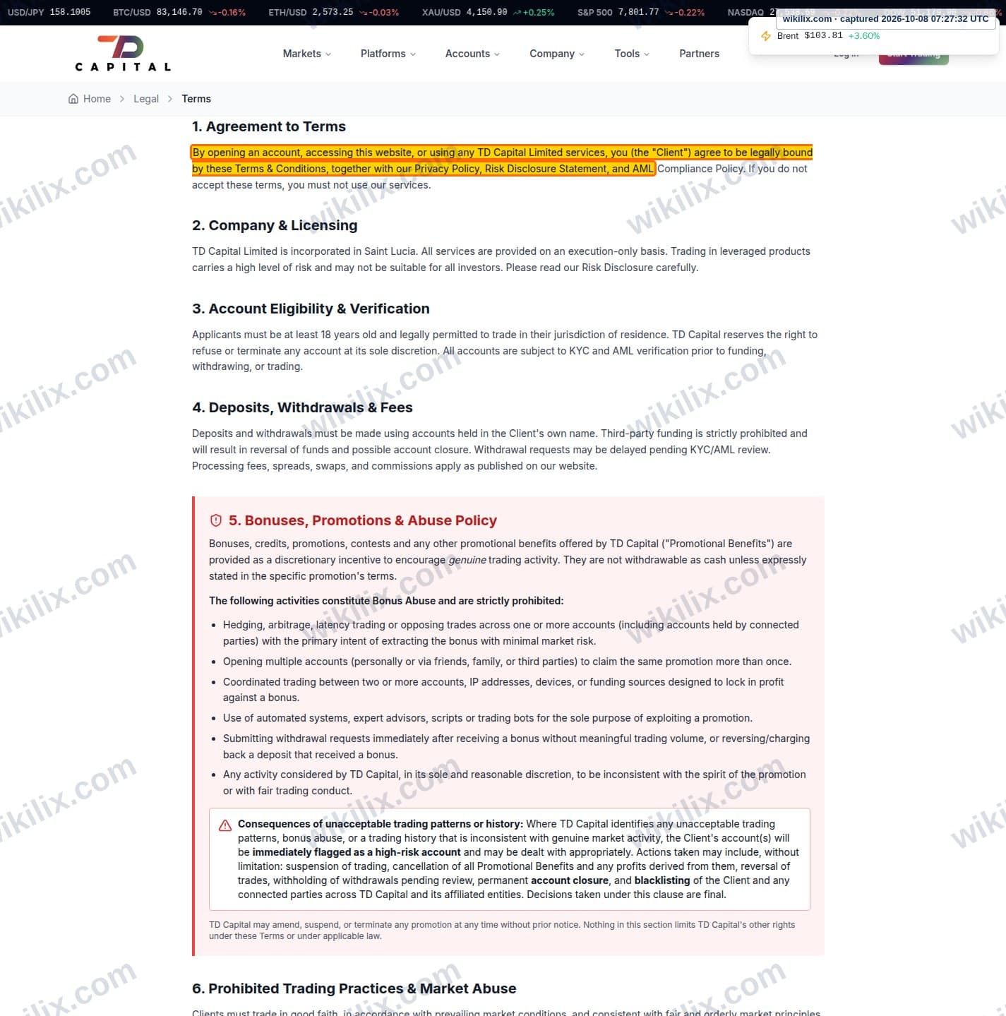 Our full page screenshot of the page this clause sits on, on TDFX's site tdfxcapital.com, taken on Oct 8, 2026. The quoted words are marked in the image.
