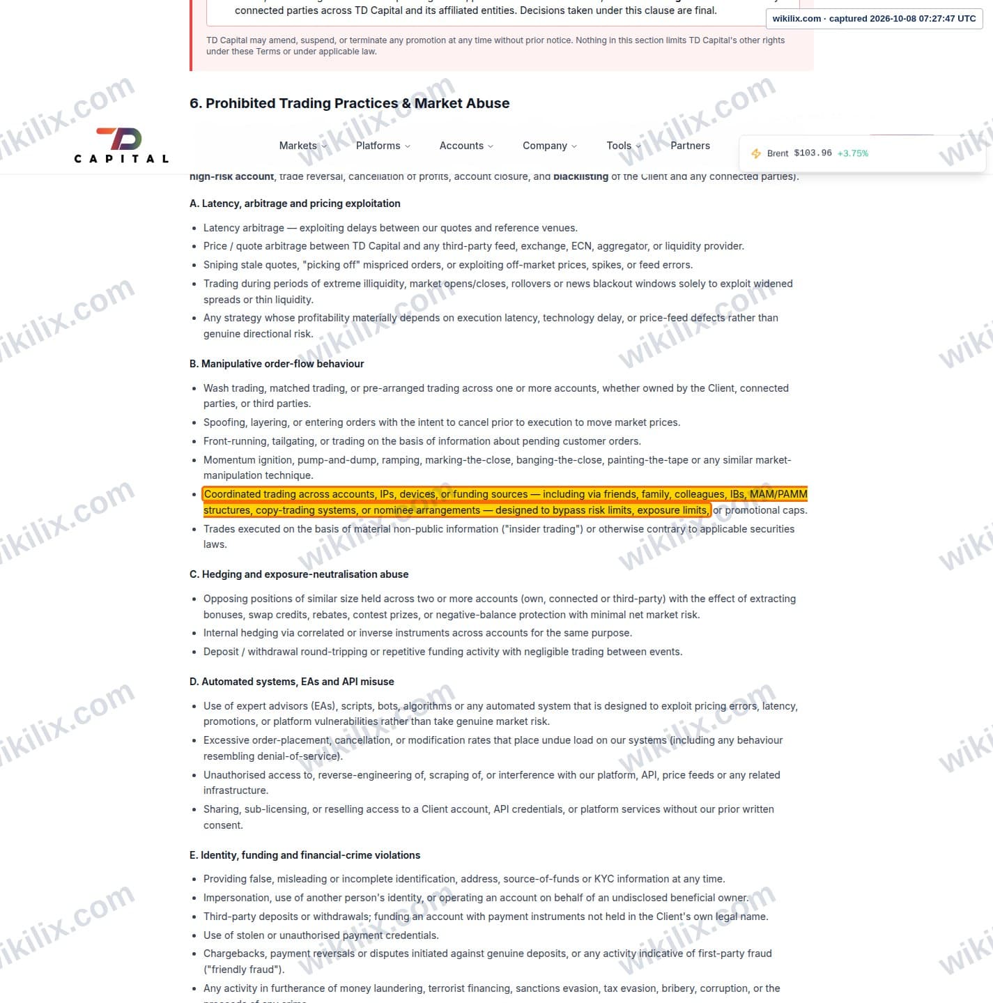 Our full page screenshot of the page this clause sits on, on TDFX's site tdfxcapital.com, taken on Oct 8, 2026. The quoted words are marked in the image.