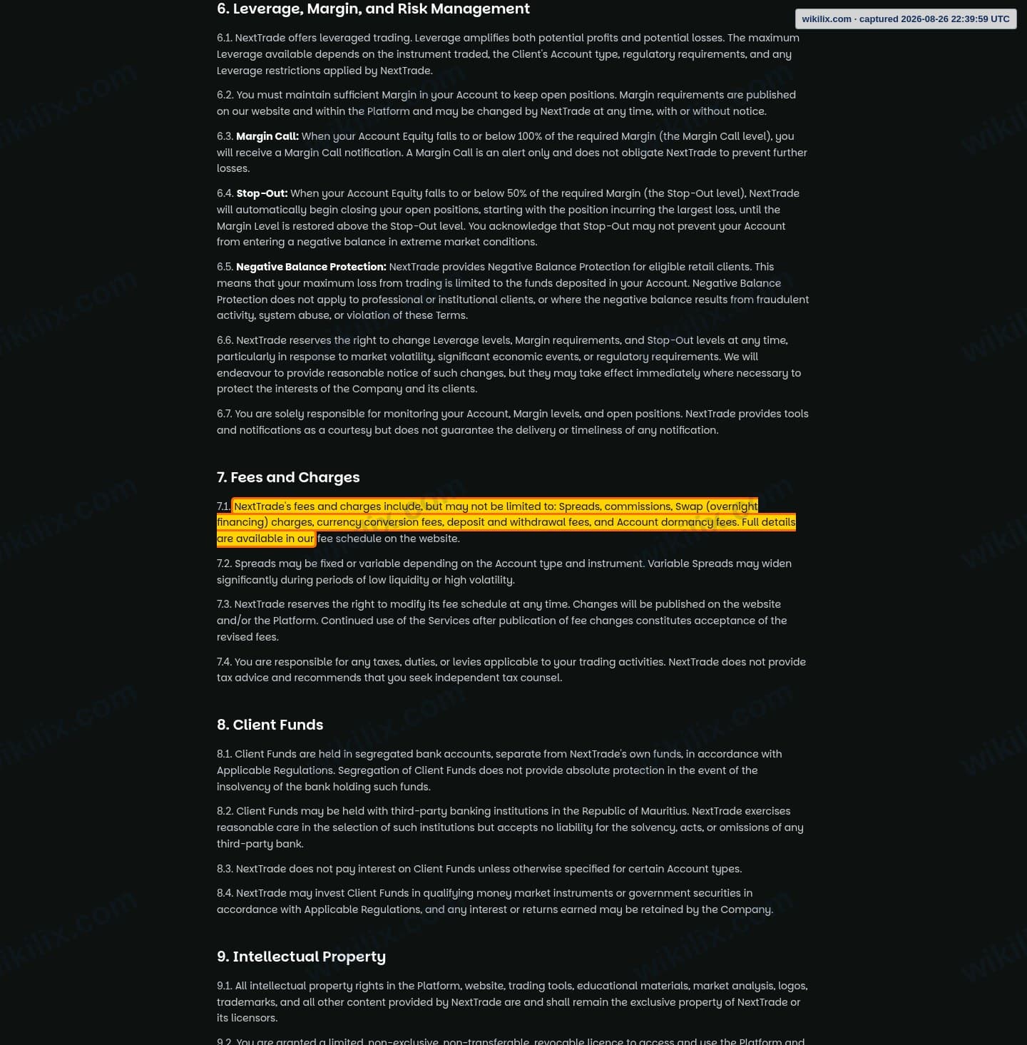 Our full page screenshot of the page this clause sits on, on NextTrade's site nexttrade.com, taken on Aug 26, 2026. The quoted words are marked in the image.