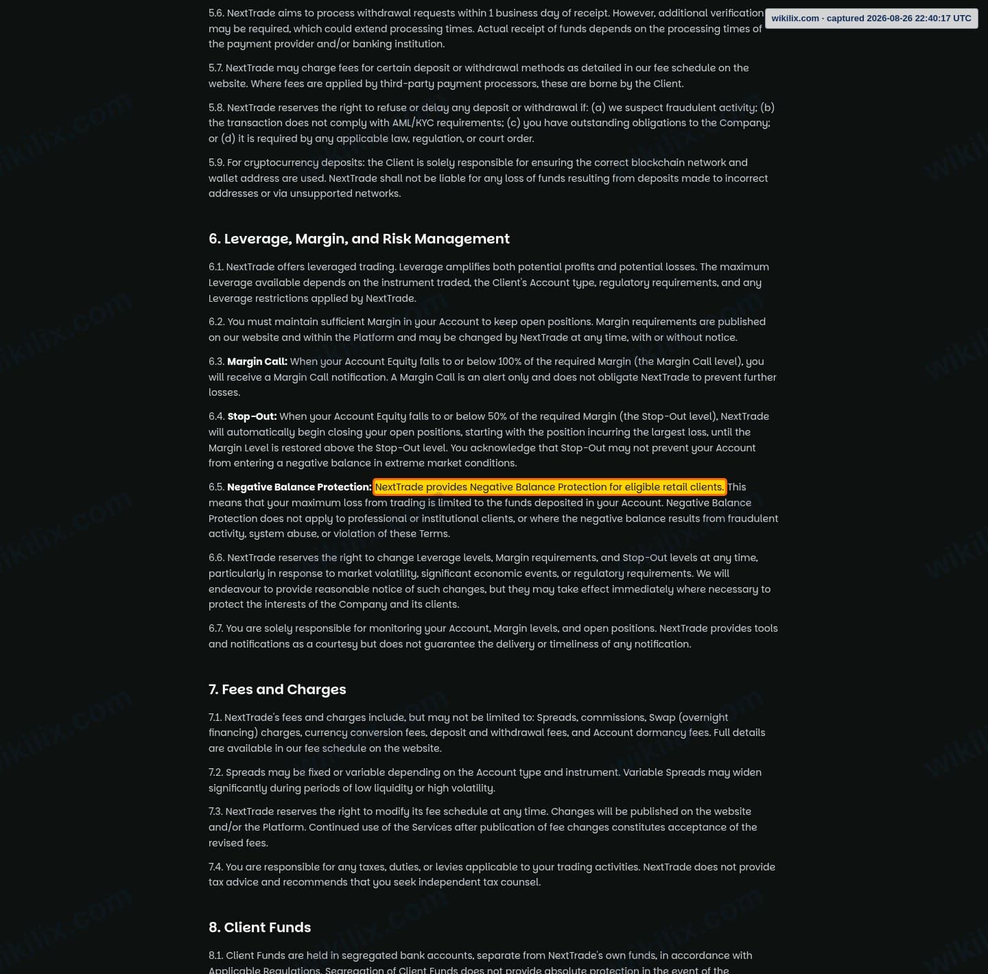 Our full page screenshot of the page this clause sits on, on NextTrade's site nexttrade.com, taken on Aug 26, 2026. The quoted words are marked in the image.