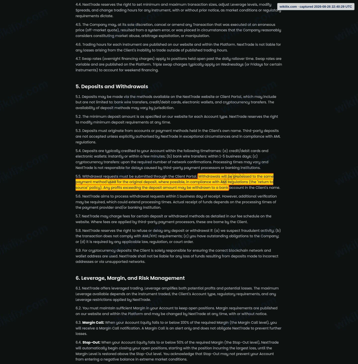 Our full page screenshot of the page this clause sits on, on NextTrade's site nexttrade.com, taken on Aug 26, 2026. The quoted words are marked in the image.