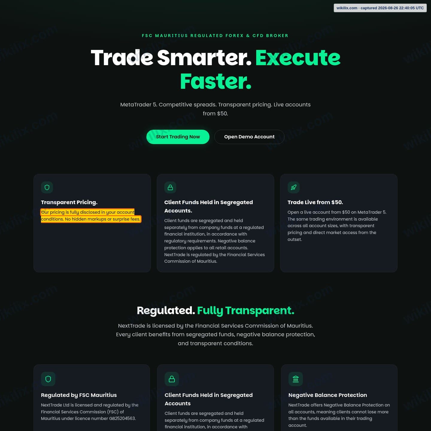 Our full page screenshot of the page that makes this promise, on NextTrade's site nexttrade.com, taken on Aug 26, 2026. The quoted words are marked in the image.