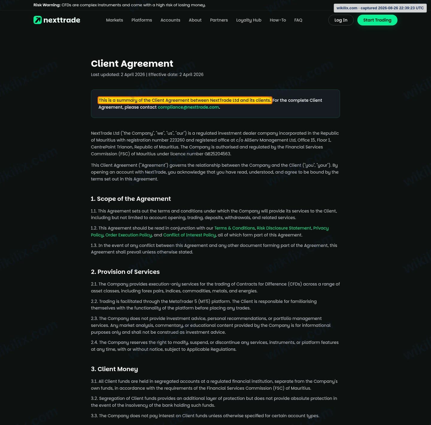 Our full page screenshot of the page this clause sits on, on NextTrade's site nexttrade.com, taken on Aug 26, 2026. The quoted words are marked in the image.